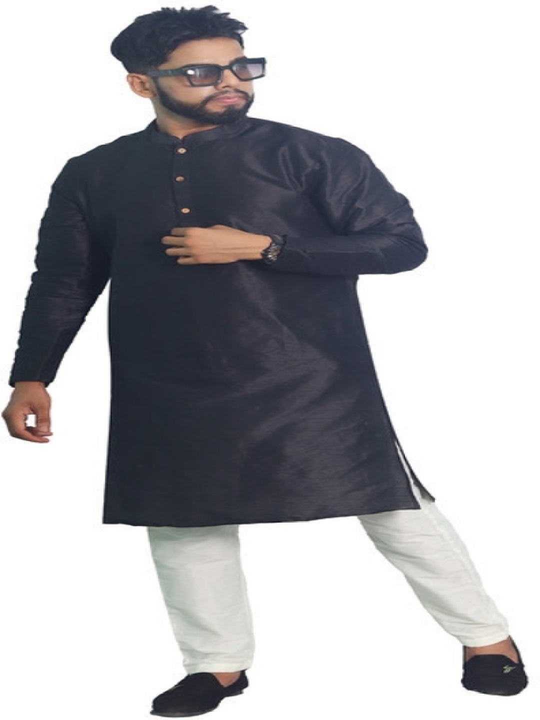 

House of Aqss Mandarin Collar Dupion Silk Straight Kurta With Pyjama, Black