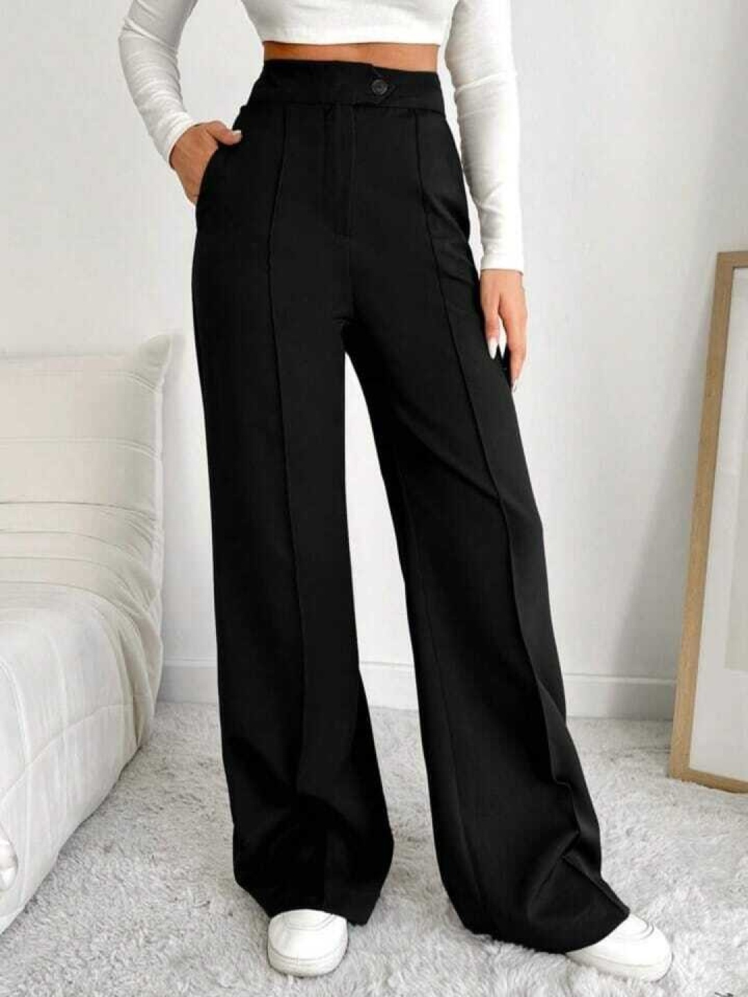 

Next One Women Smart Straight Fit High-Rise Easy Wash Pleated Trousers, Black