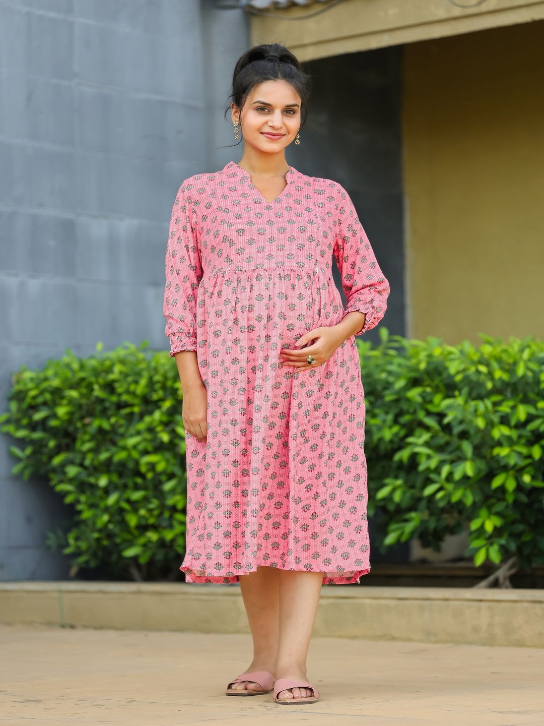 

SWEET MOON Floral Printed Mandarin Collar Fit and Flare Maternity Midi Dress, Pink