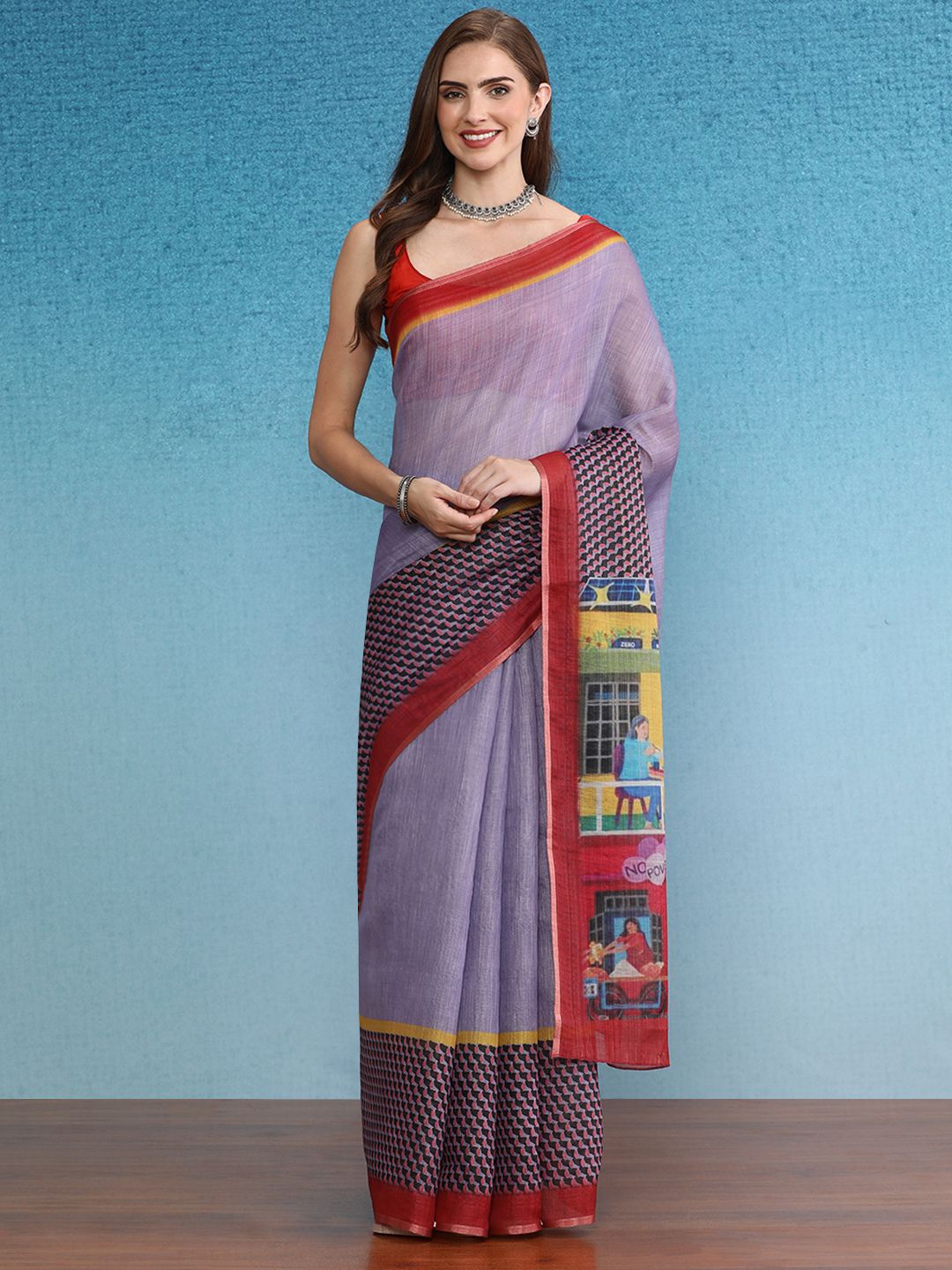 

DIVASTRI Ethnic Motifs Printed Zari Silk Cotton Saree, Lavender
