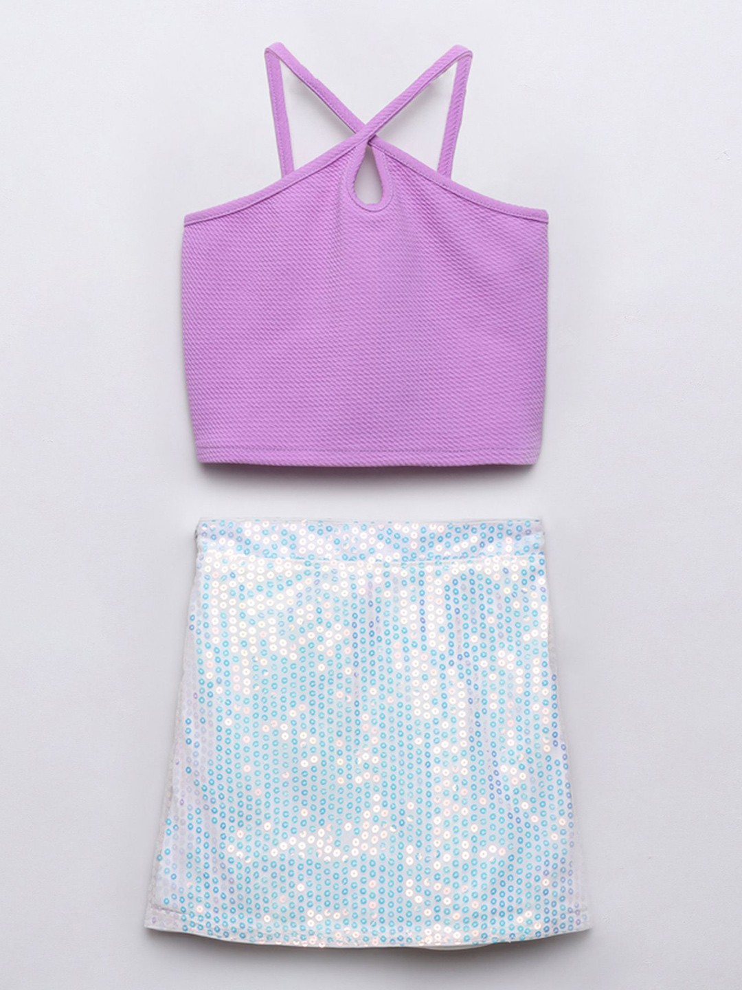 

taffykids Girls Self Design Shoulder Straps Crop Top With Skirt, Purple