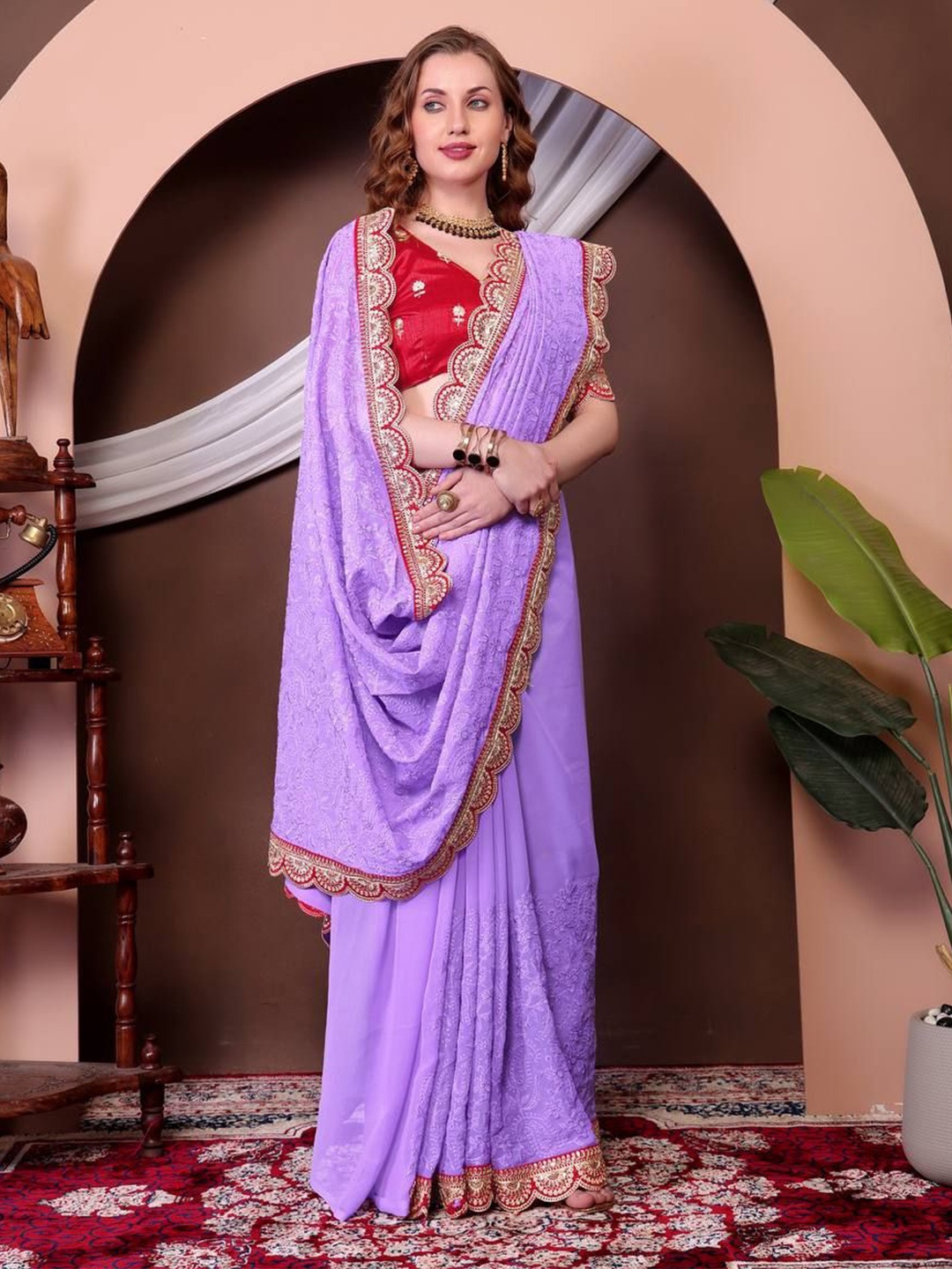 

Moda Rapido Ethnic Motifs Sequinned Pure Georgette Heavy Work Saree, Lavender