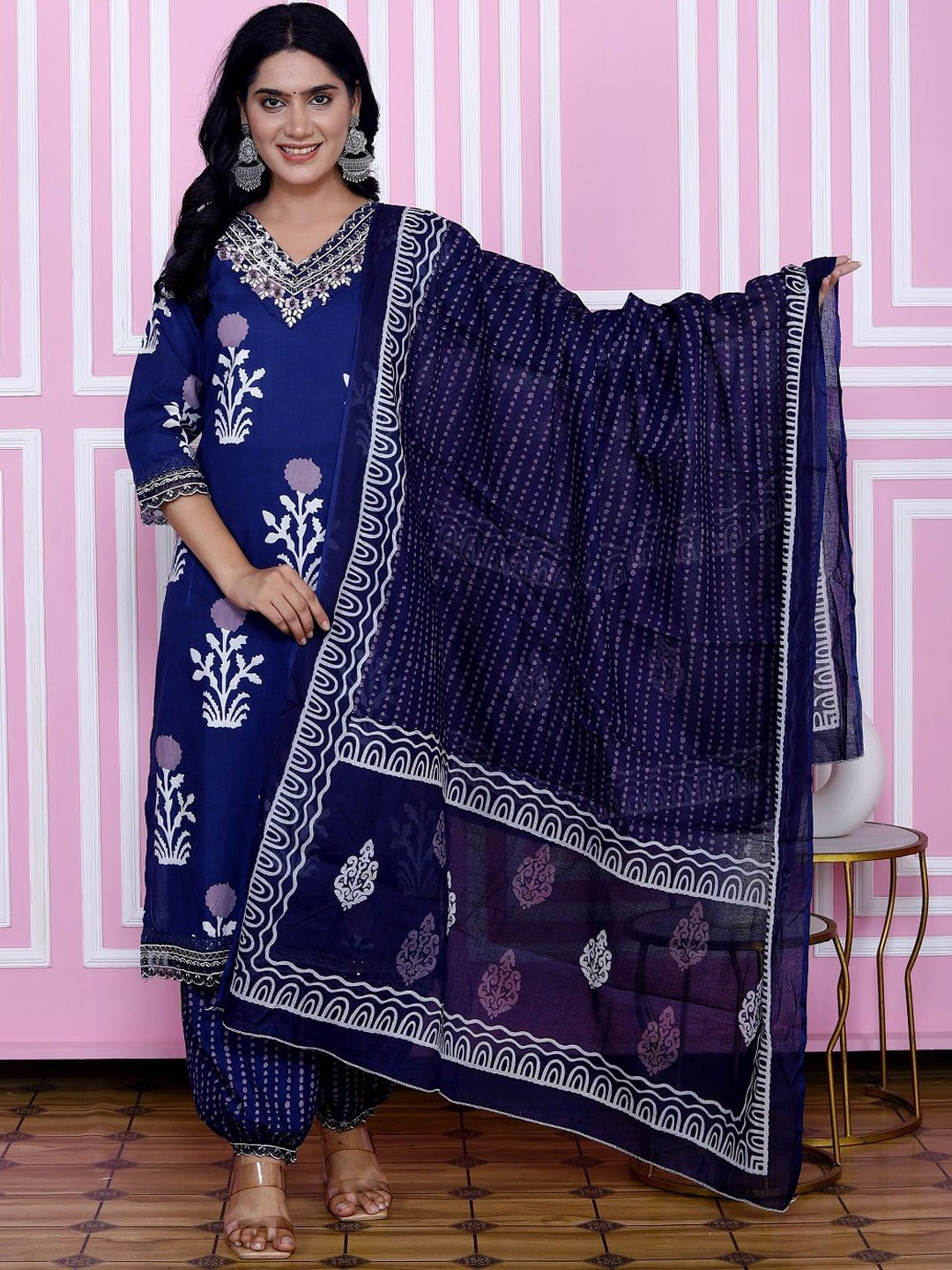 

KALINI Floral Printed V-Neck Straight Pure Cotton Kurta With Salwar And Dupatta, Navy blue