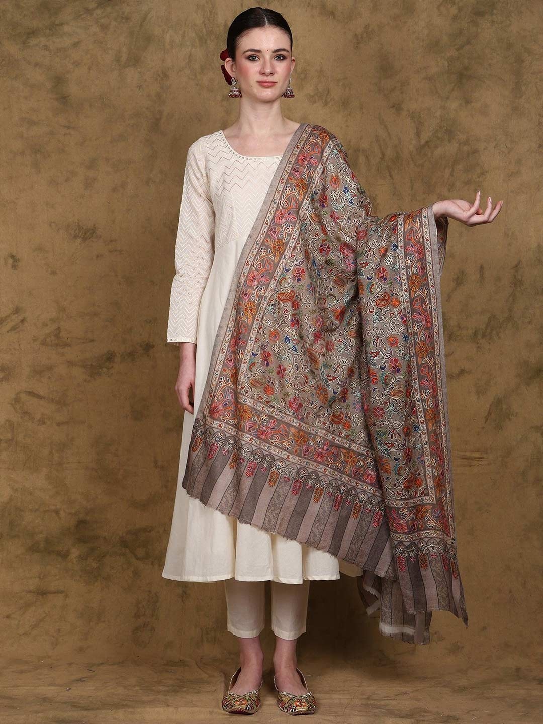 

Exotic India Pure Wool Kani Jamawar Shawl with Embroidered Flower & Paisley, Grey