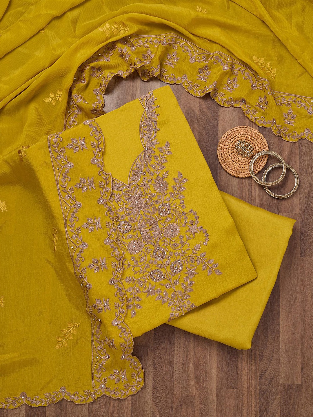 

Koskii Floral Embroidered Beads and Stones Unstitched Dress Material, Yellow