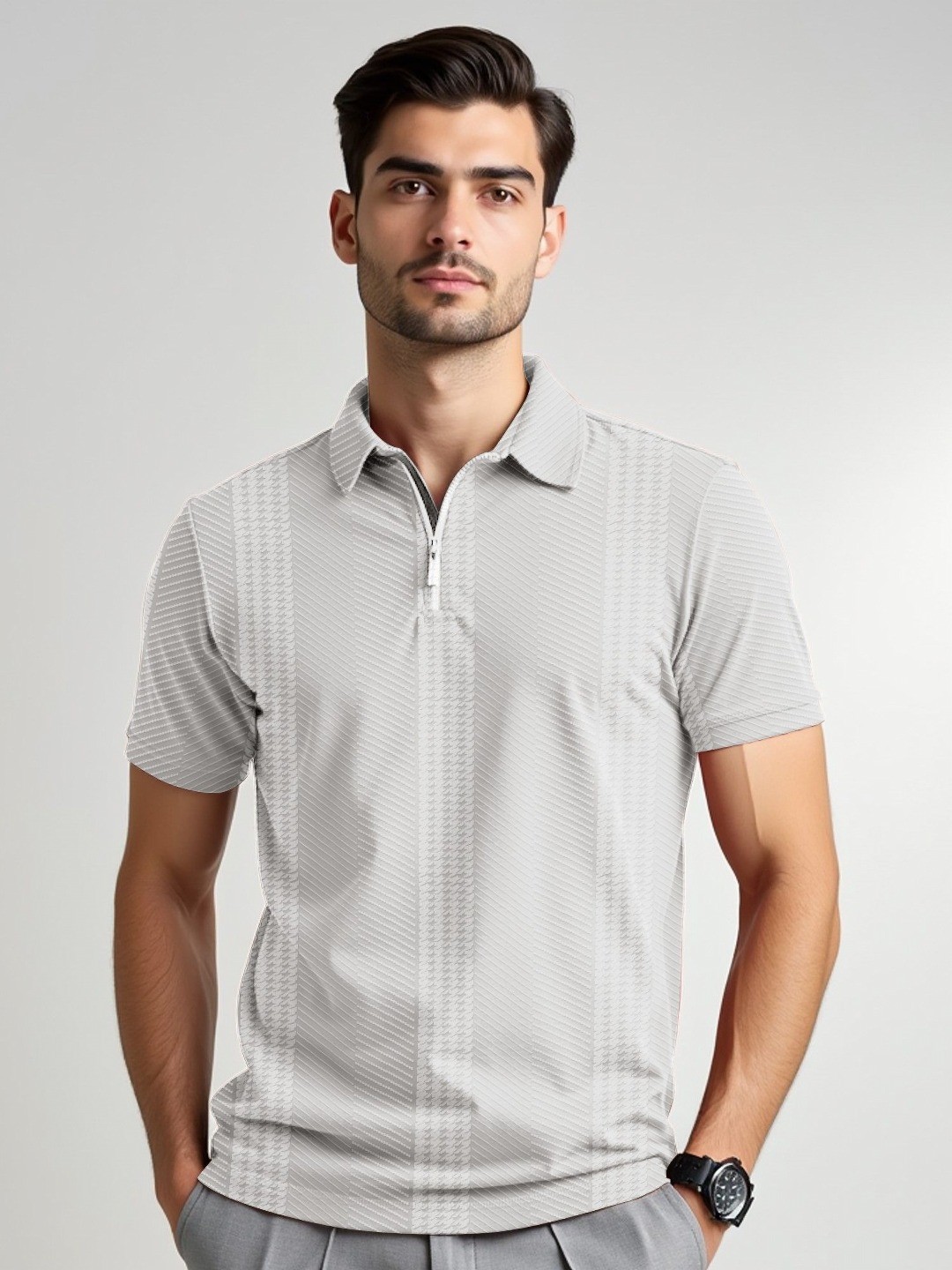 

JUMPCUTS Men Self Design Polo Collar Slim Fit T-shirt, Grey