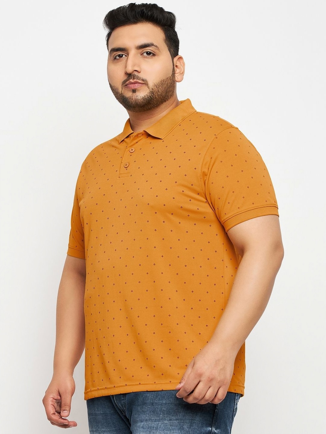 

AUXAMIS Men Plus Size Geometric Printed Polo Collar Cotton T-shirt, Mustard
