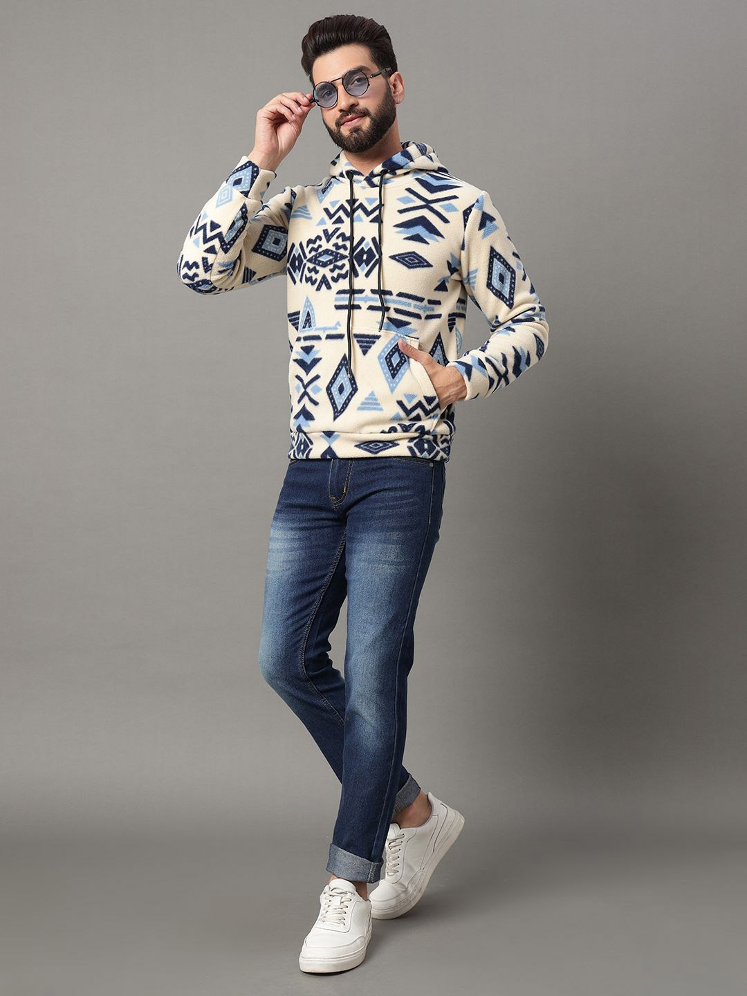 

OGEN Men DENIM Printed Hooded Sweatshirt, Cream