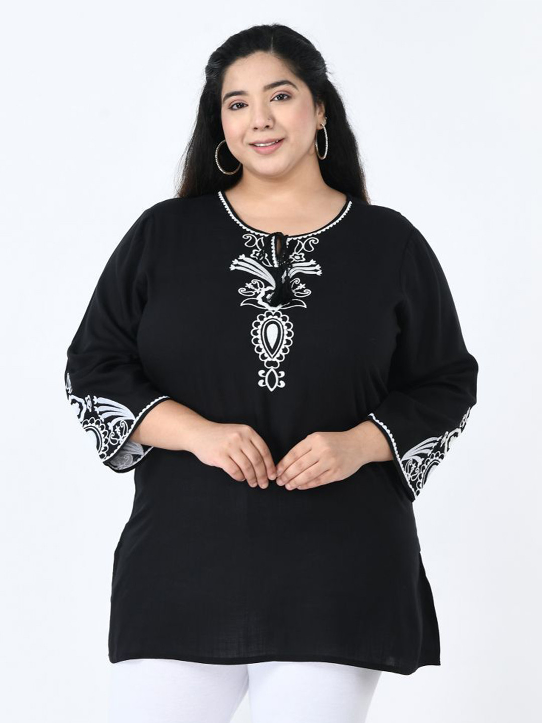 

VAAMII Embroidered Round Neck Bell Sleeves Top, Black