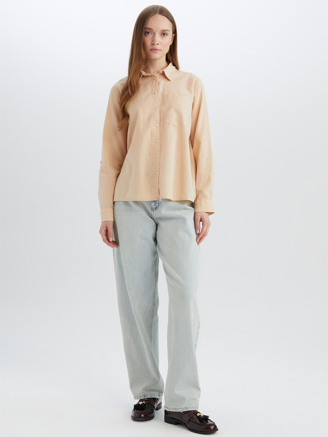 

DeFacto Women Spread Collar Solid Cotton Casual Shirt, Beige