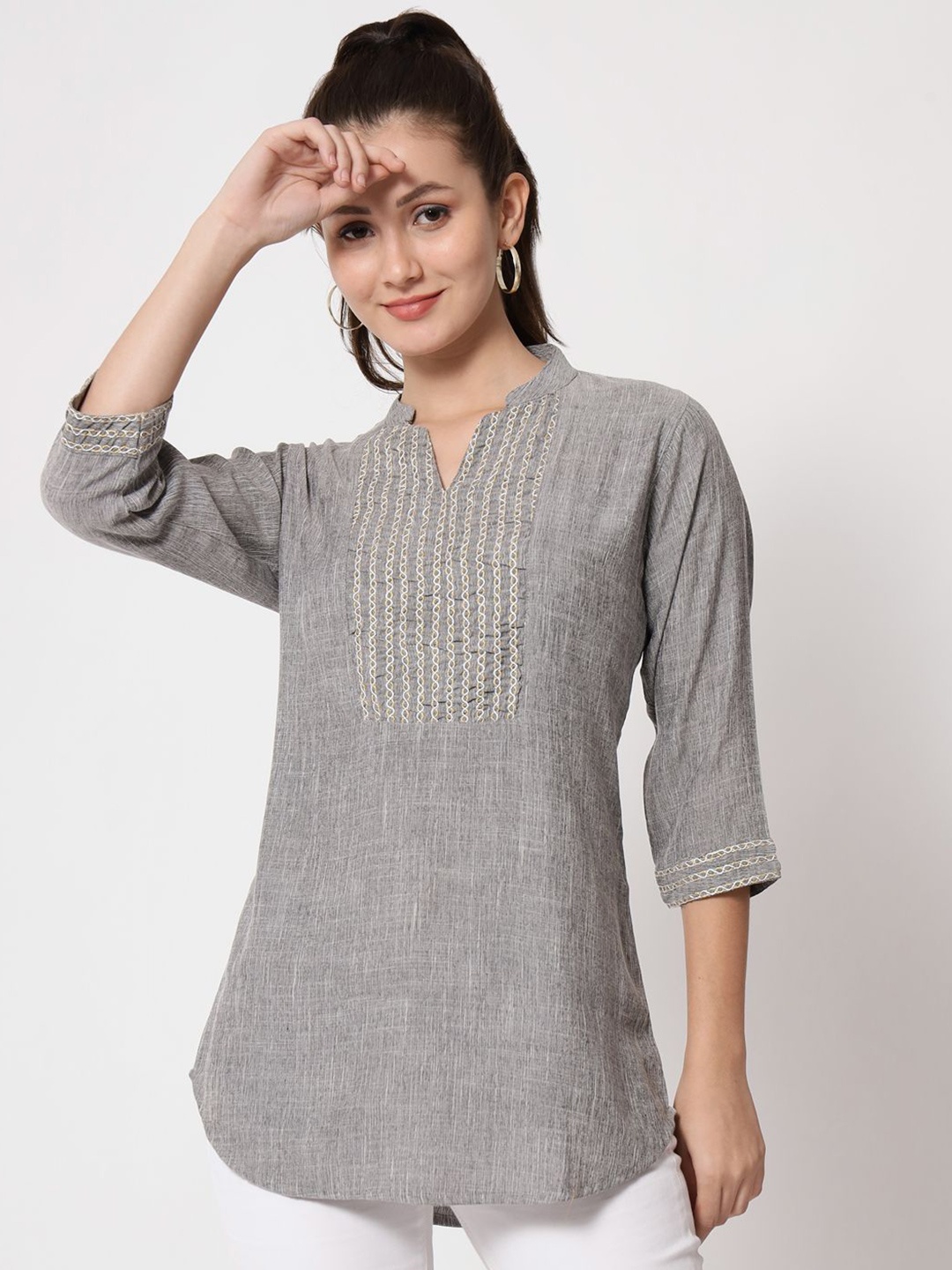 

ANGOORI FASHION Mandarin Collar Embroidered Tunic, Grey