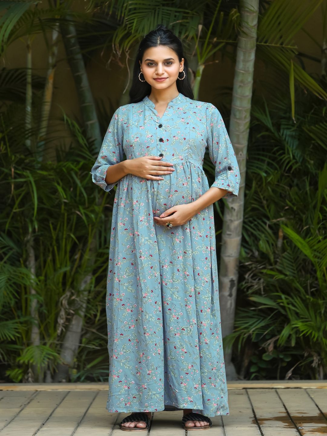 

SWEET MOON Floral Printed Mandarin Collar Fit and Flare Maternity Maxi Dress, Blue