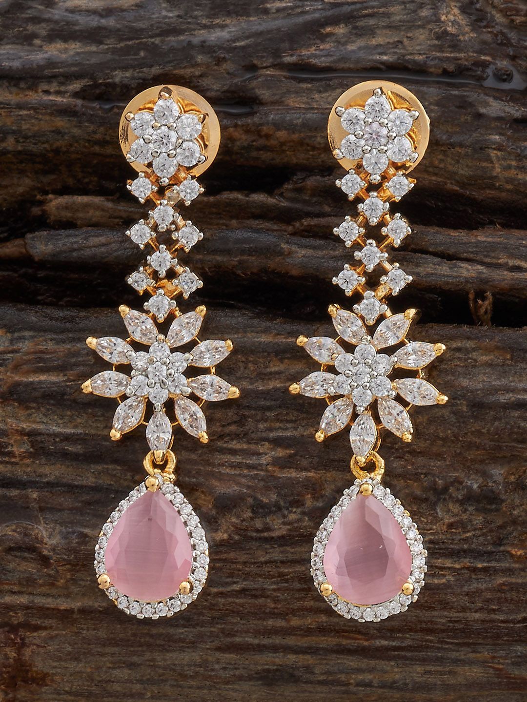 

Kushal's Fashion Jewellery Rhodium-Plated Zircon Studded Floral Shaped Drop Earrings, Pink
