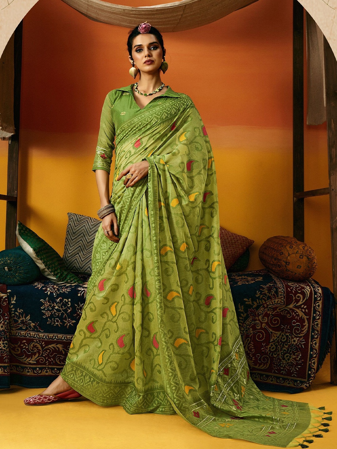 

MAHALASA Women Pure Cotton Weaving Jamdani Saree, Green