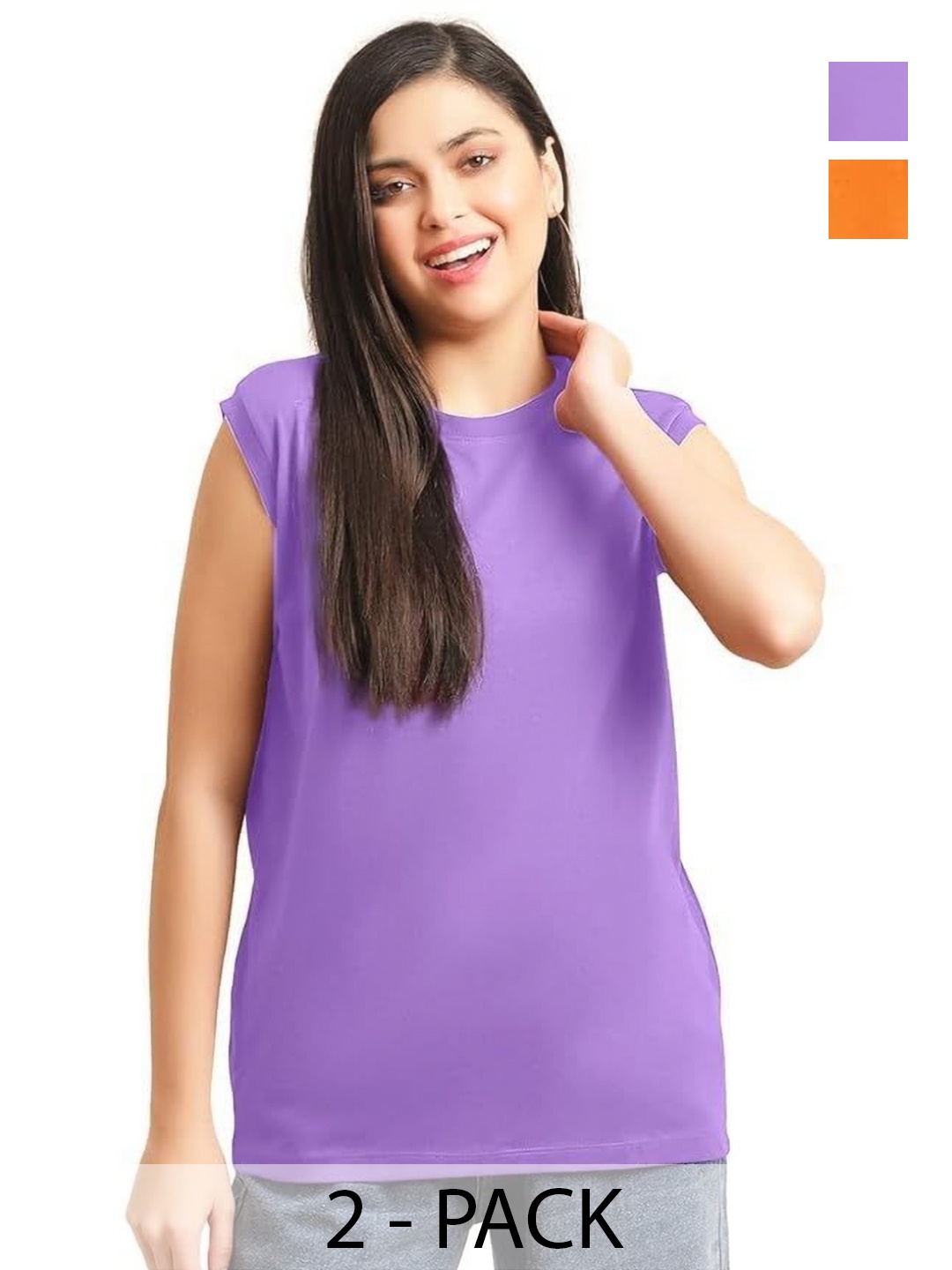 

NOTWILD Women Pack Of 2 Solid Cotton Relaxed Fit T-shirts, Orange