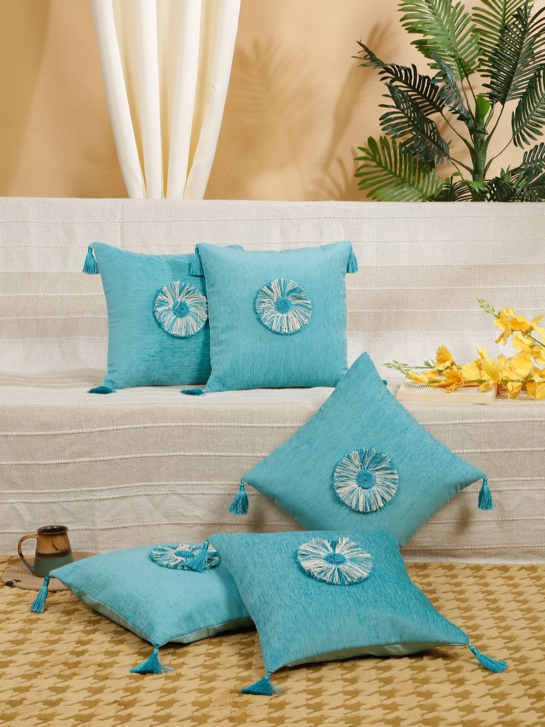 

SOKNACK Turquoise Blue & White 5 Pieces Embroidered Velvet Square Tasselled Cushion Covers