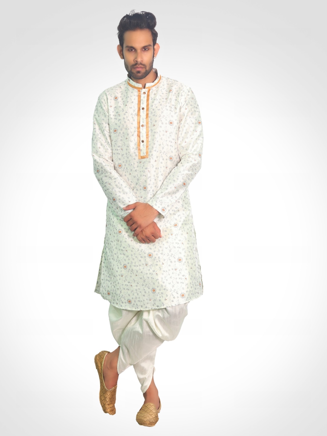 

House of Aqss Floral Printed Mandarin Collar Kurta With Dhoti Pants, White