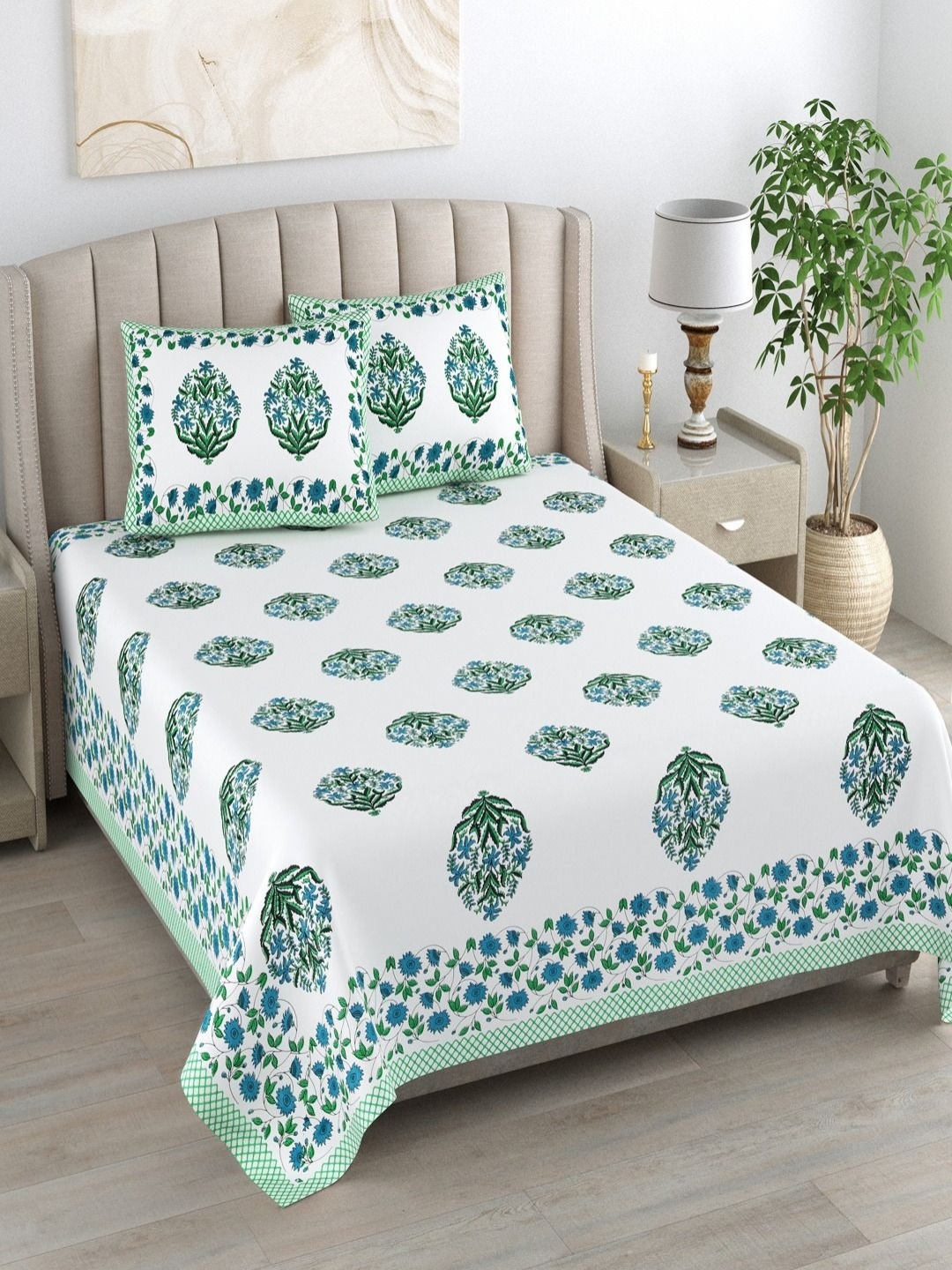 

Myntra Elegant Homes White Printed Pure Cotton 180 TC King Bedsheet Set 2.74 m x 2.54m
