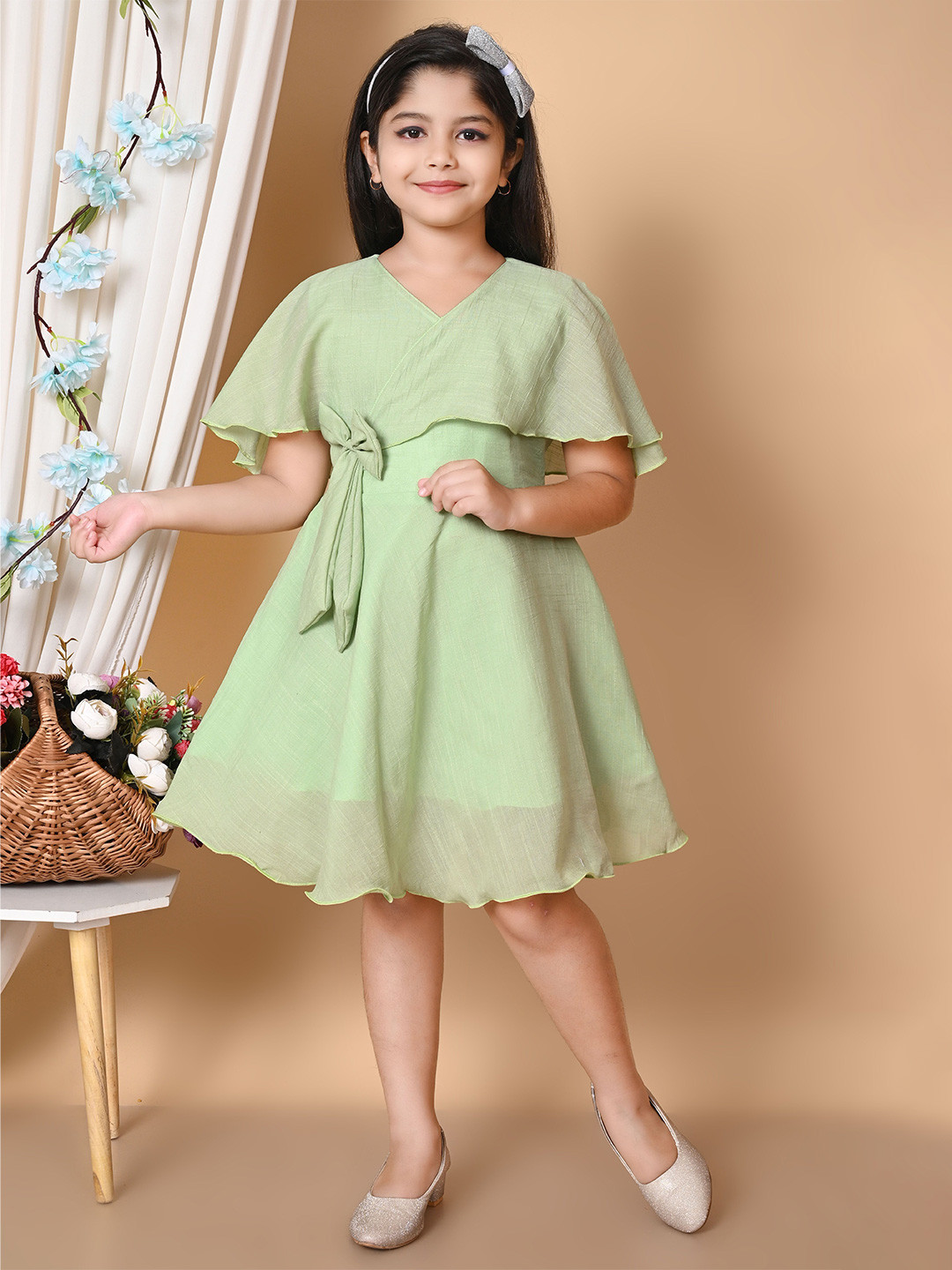 

BARKAT DESIGNING PLANET Girls Layered Cotton Fit & Flare Dress, Green