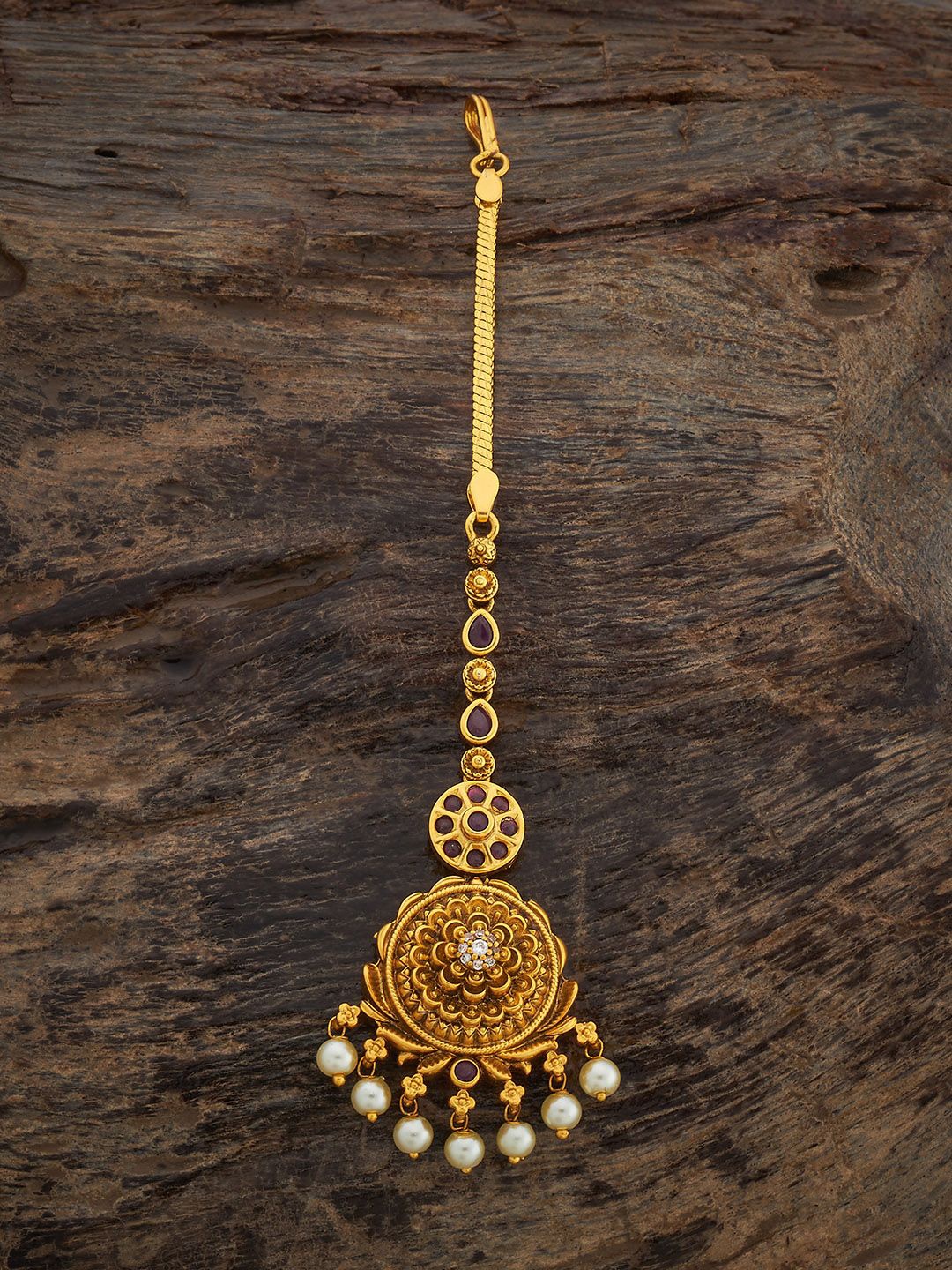 

Kushal's Fashion Jewellery Ruby Gold-Plated Artificial Stones Studded Antique Maang Tikka