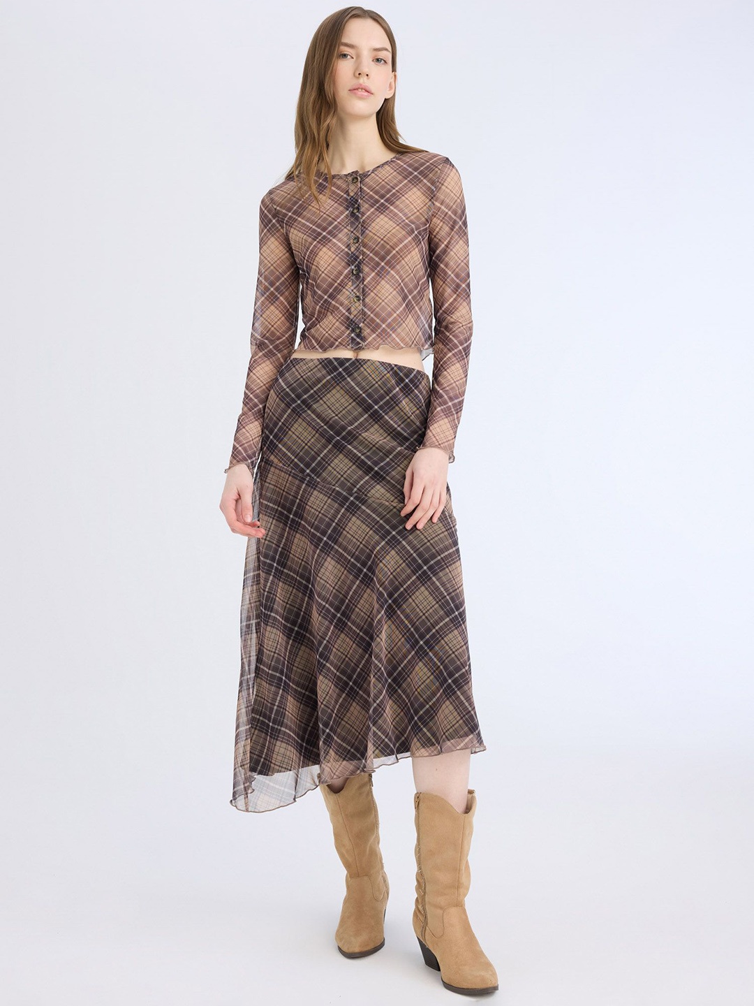 

DeFacto Checked A-Line Skirt, Brown