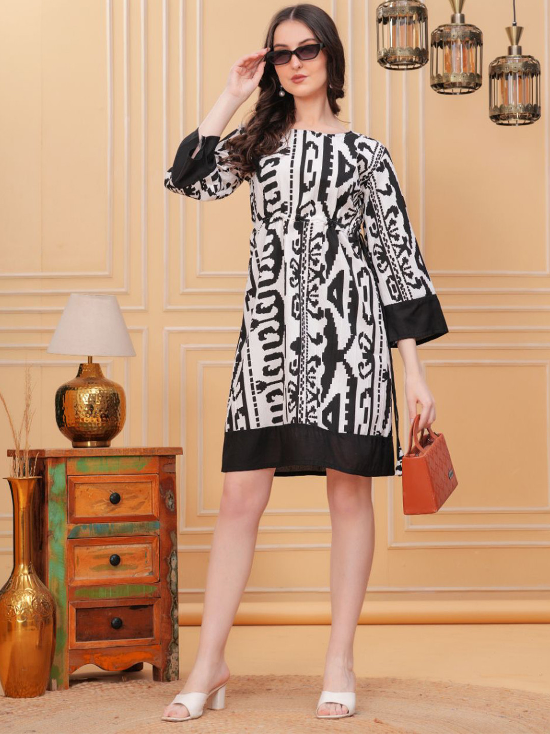 

HIGHLIGHT FASHION EXPORT Abstract Printed A-Line Dress With Waist Tie-Up, White