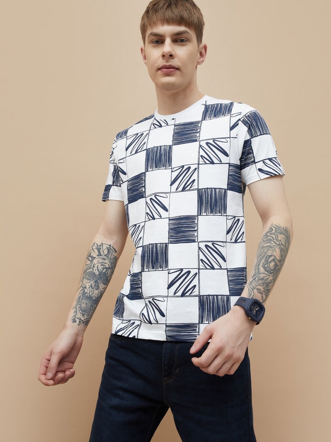 

Fame Forever by Lifestyle Men Geometric Printed Round Neck Cotton T-shirt, White