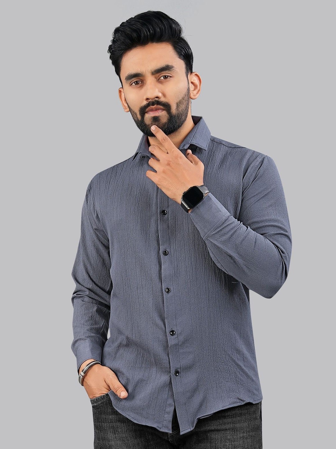 

IKON FASHION Men Original Fit Spread Collar Textured Casual Shirt, Grey