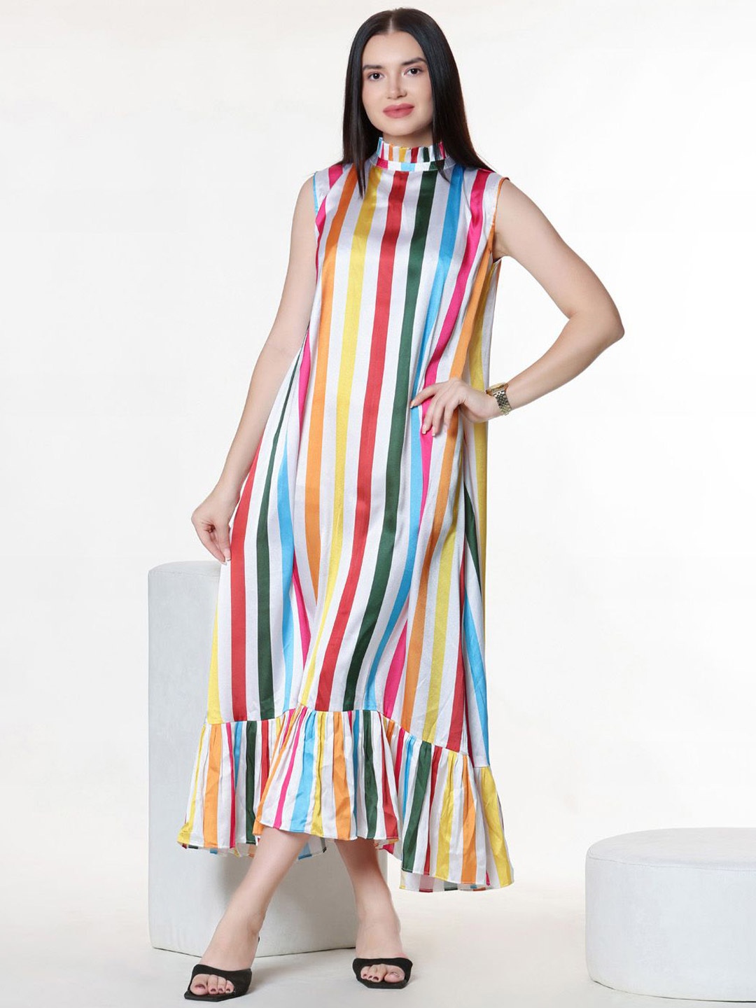 

aaRVee STUDIO Women Striped High Neck A-Line Midi Dress, White