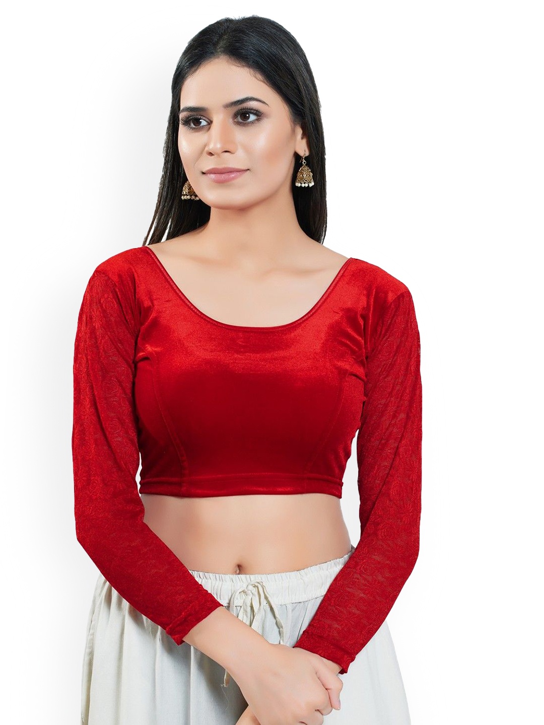 

Mmore Long Sleeves Stretchable Saree Round Neck Blouse, Red