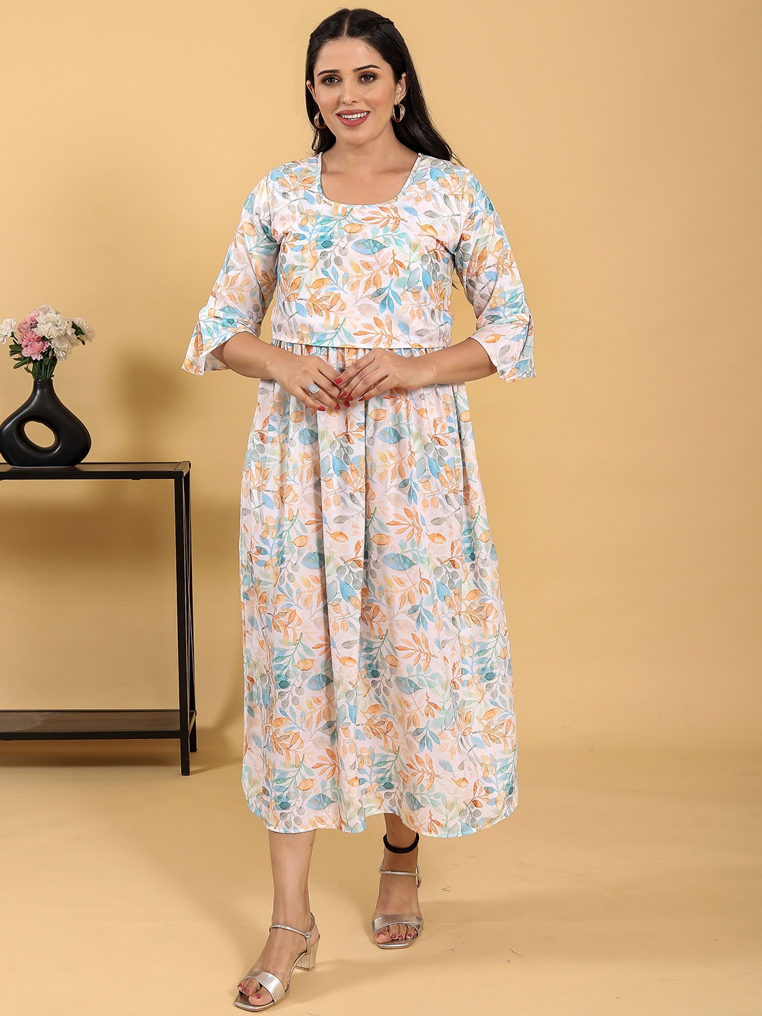 

RITIJYA Floral Printed Round Neck Zipless Maternity Ethnic Dresses, White