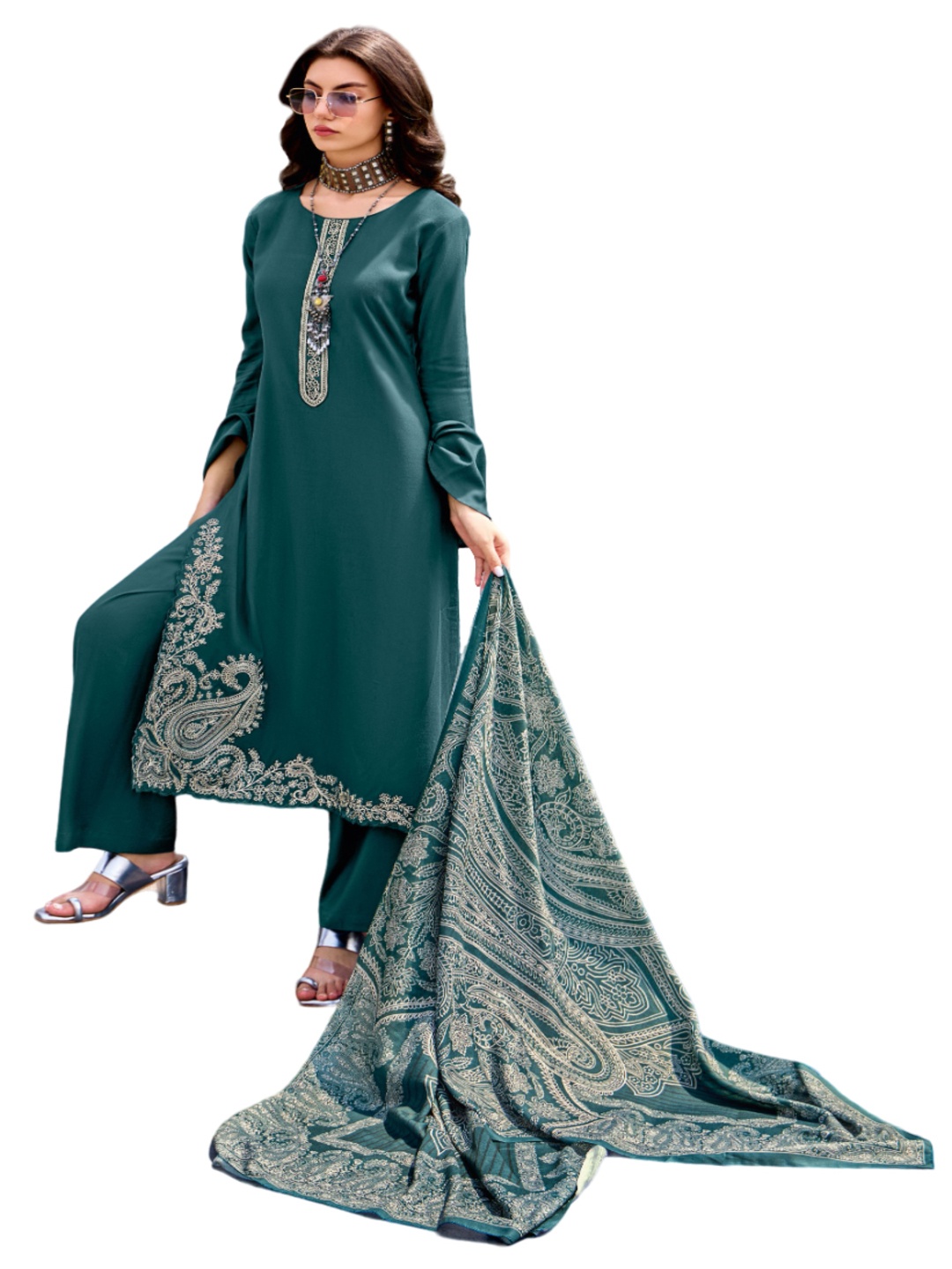 

DRAVINAM Trends Ethnic Motifs Printed Unstitched Dress Material, Turquoise blue