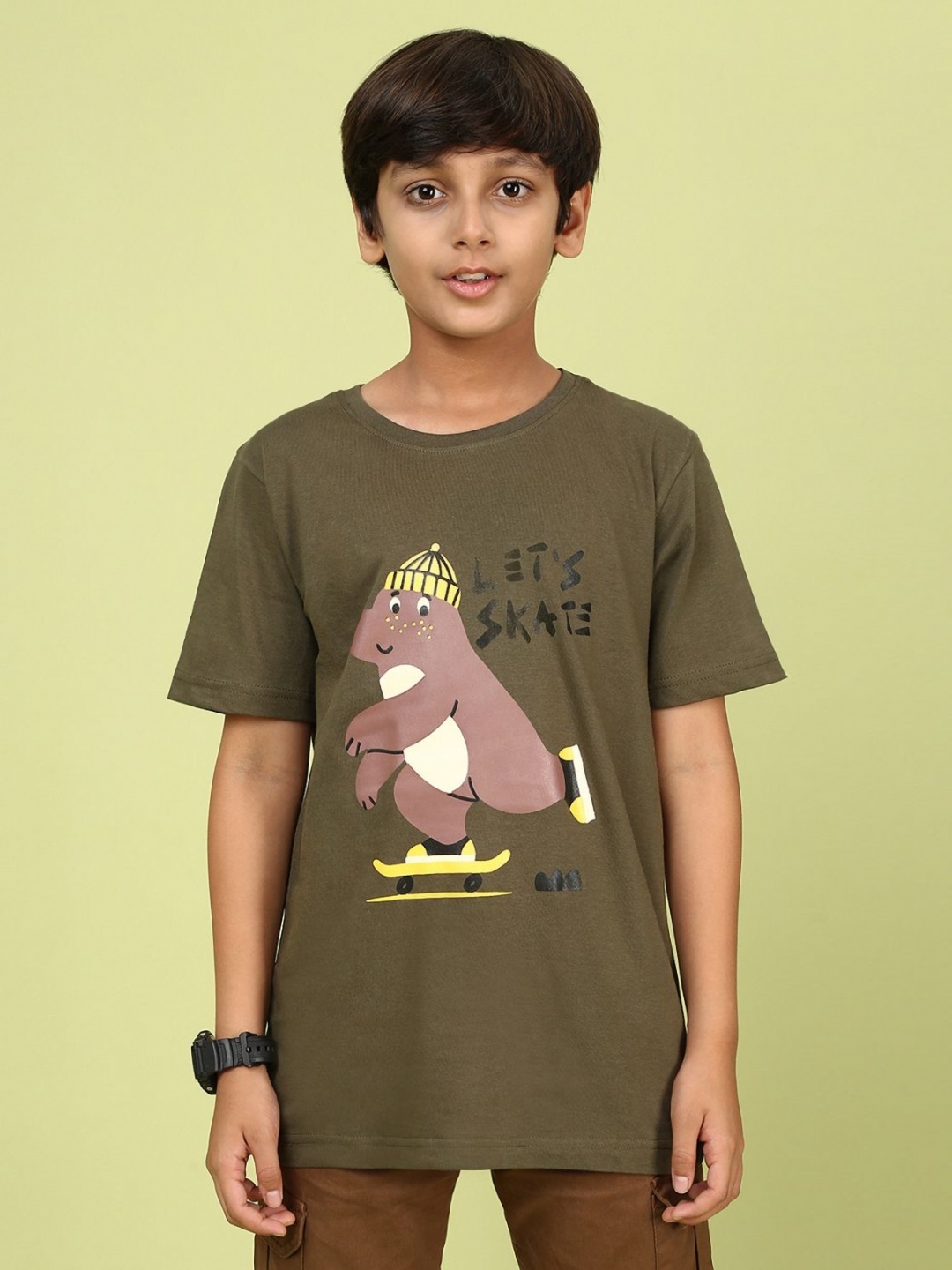 

YK Boys Graphic Printed Round Neck Cotton Relaxed Fit T-shirt, Olive