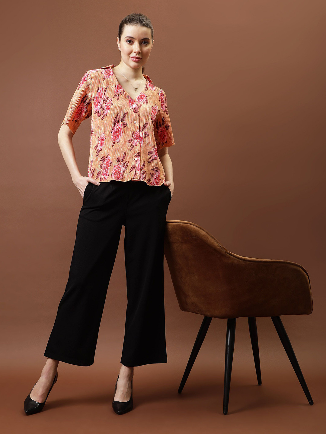 

Athena Immutable Women Relaxed Fit Spread Collar Floral Printed Casual Shirt, Orange
