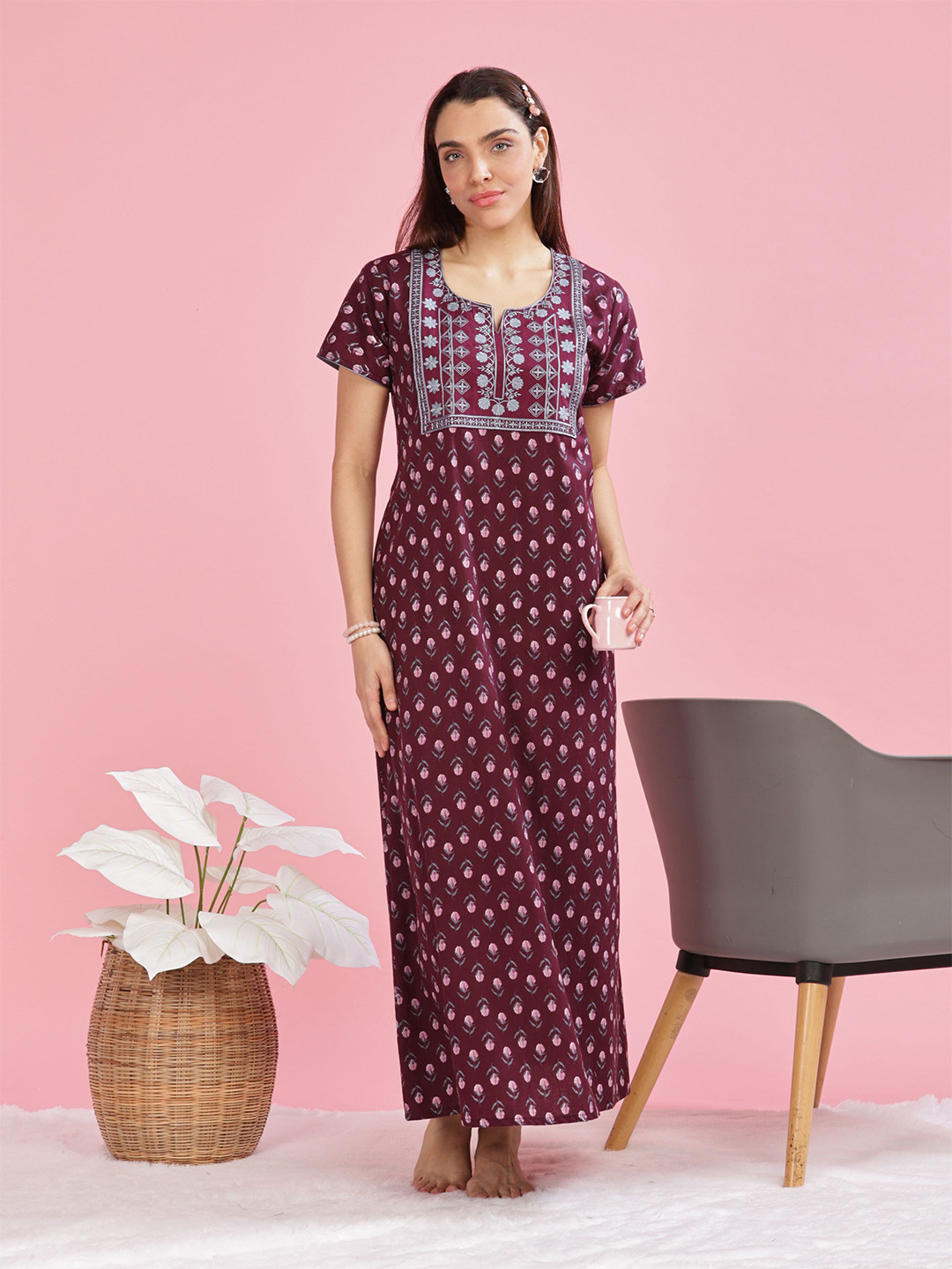 

9shines Label Women Printed Pure Cotton Maxi Nightdress, Maroon