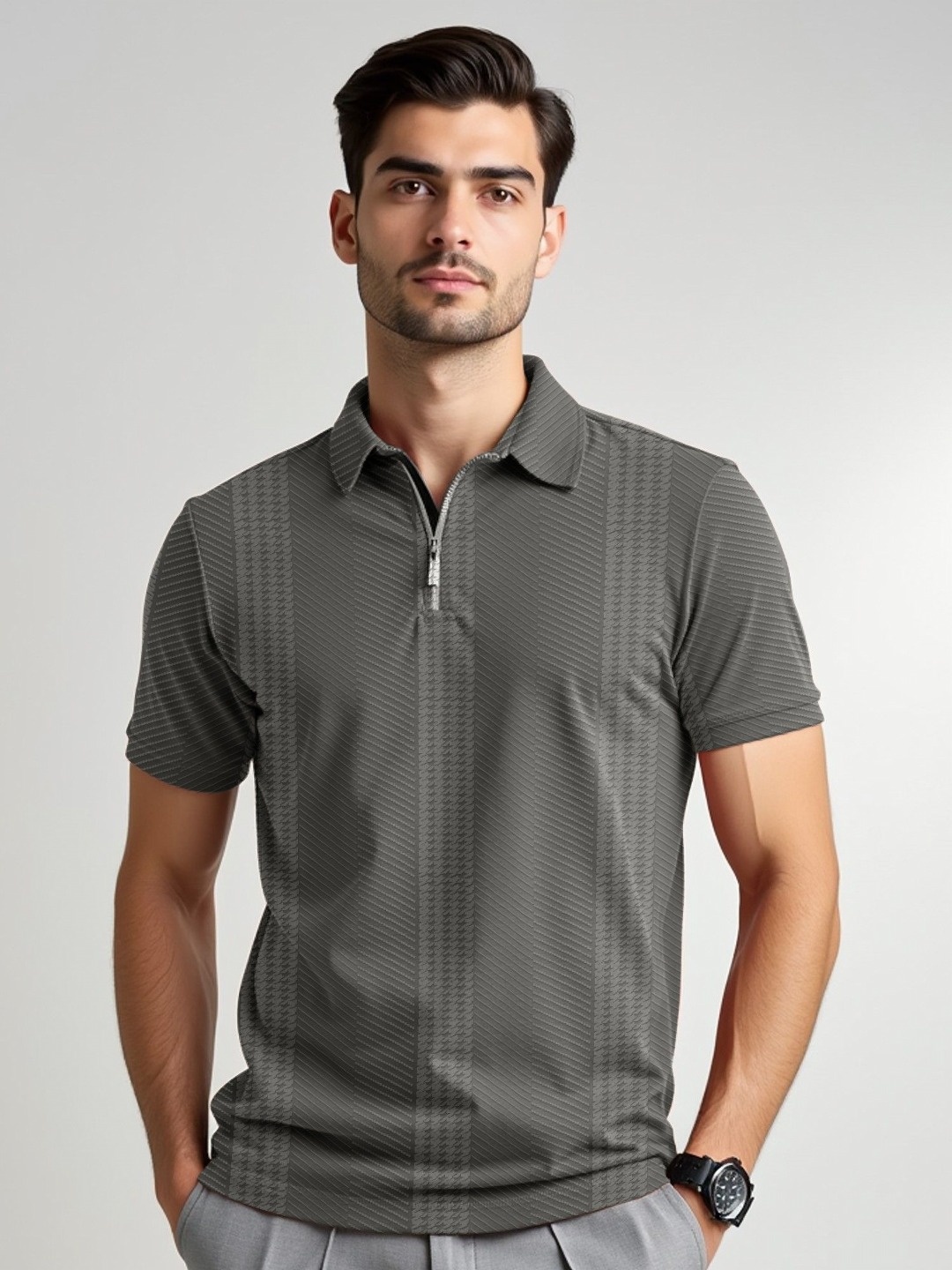 

JUMPCUTS Men Polo Collar Slim Fit T-shirt, Grey