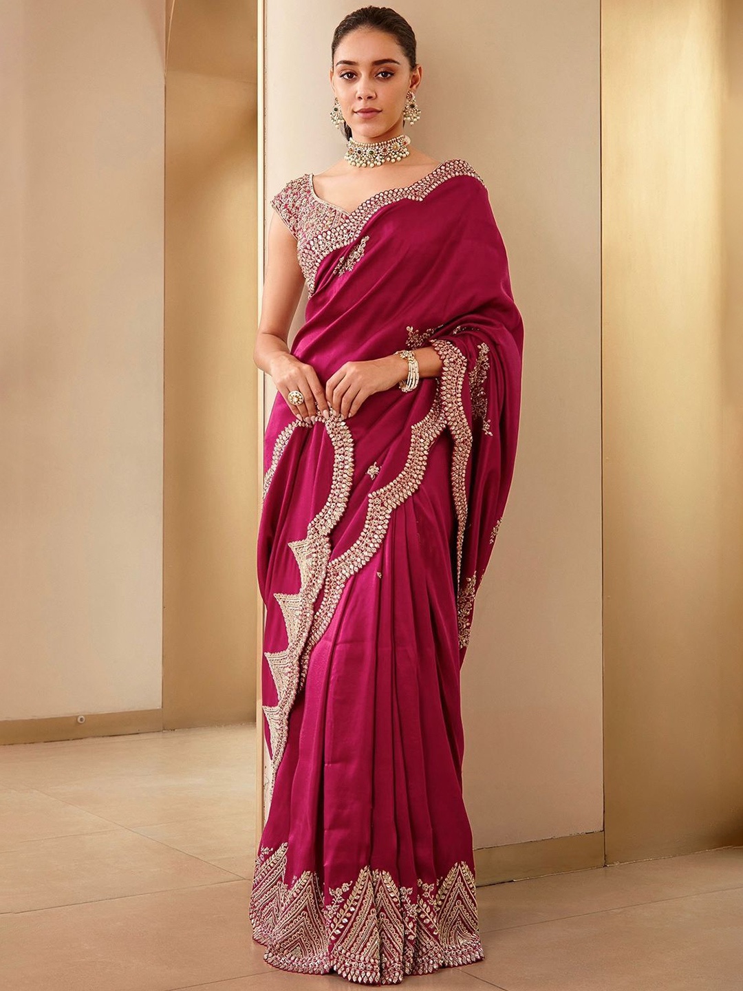 

Moda Rapido Women Embroidered Saree With Blouse Piece, Magenta