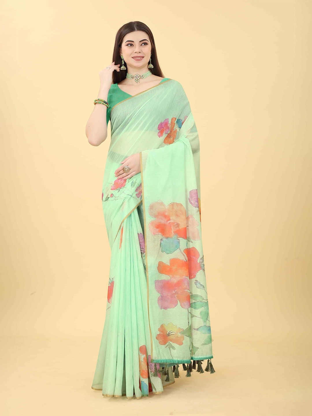 

DIVASTRI Chanderi Cotton Digital Printed Floral Saree with Tassels, Sea green