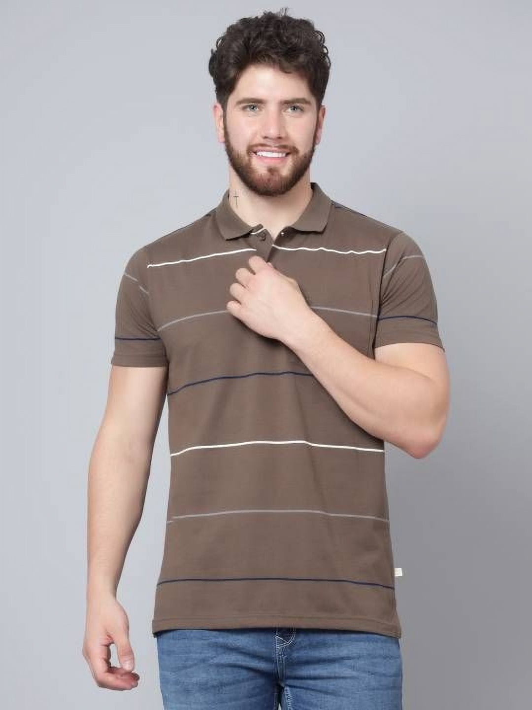 

ARBOUR Men Striped Polo Collar Cotton Slim Fit T-shirt, Brown