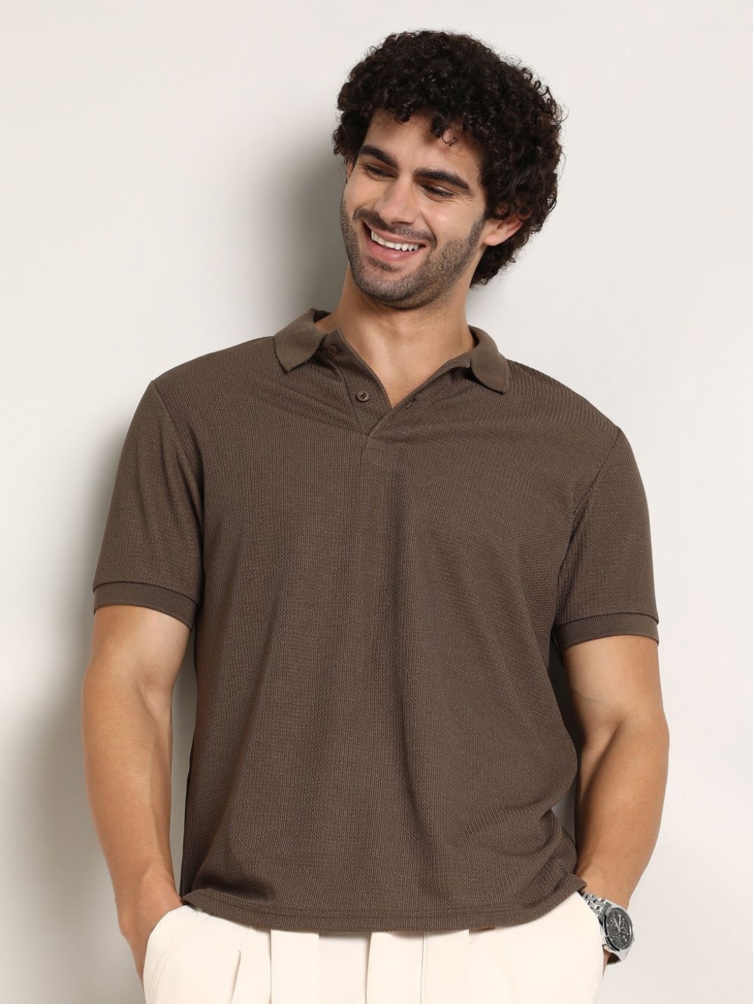 

Campus Sutra Men Self Design Polo Collar Cotton T-shirt, Brown