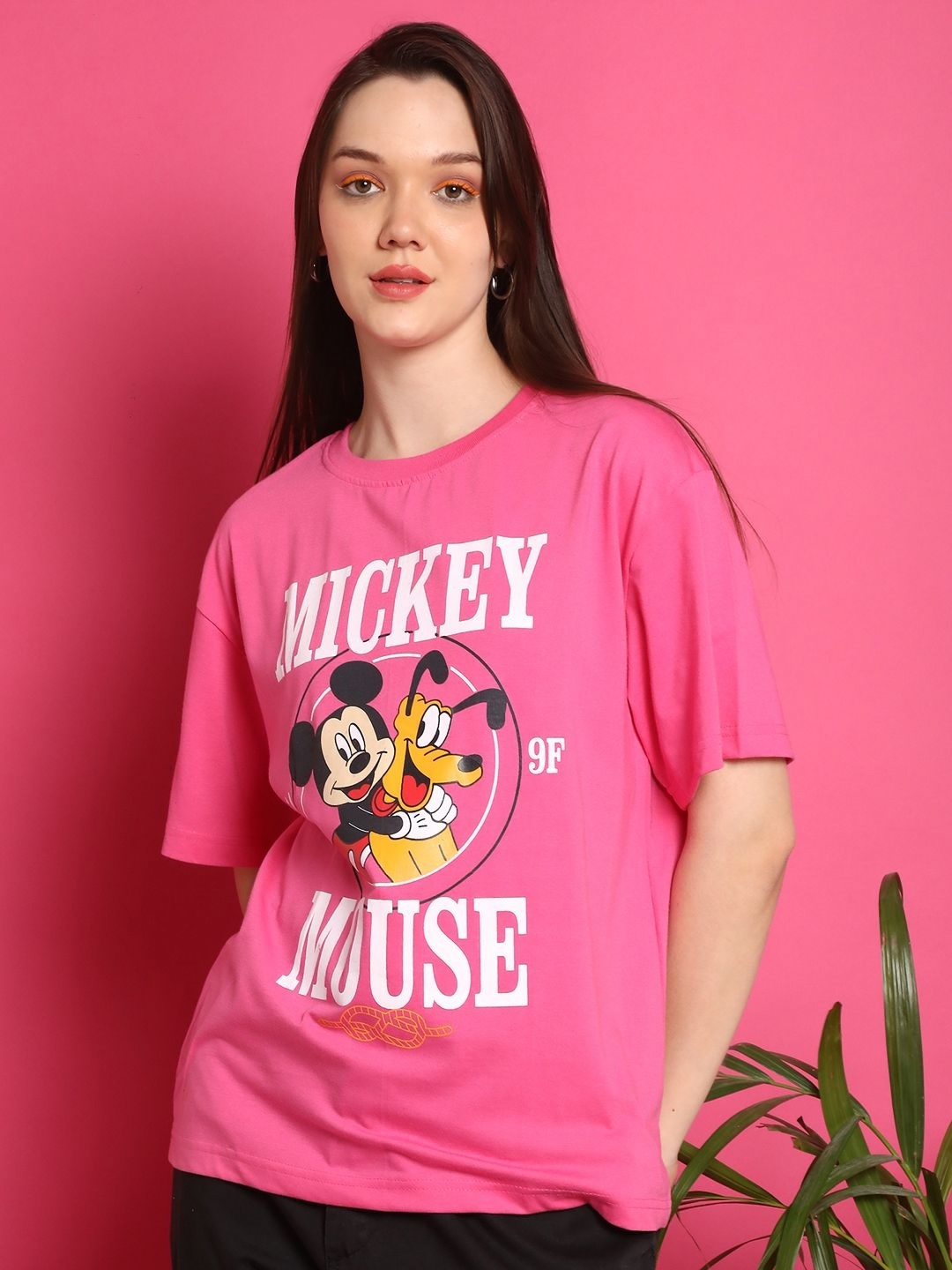 

Dreambe Women Mickey Mouse Graphic Printed Round Neck Cotton Oversized T-shirt, Pink