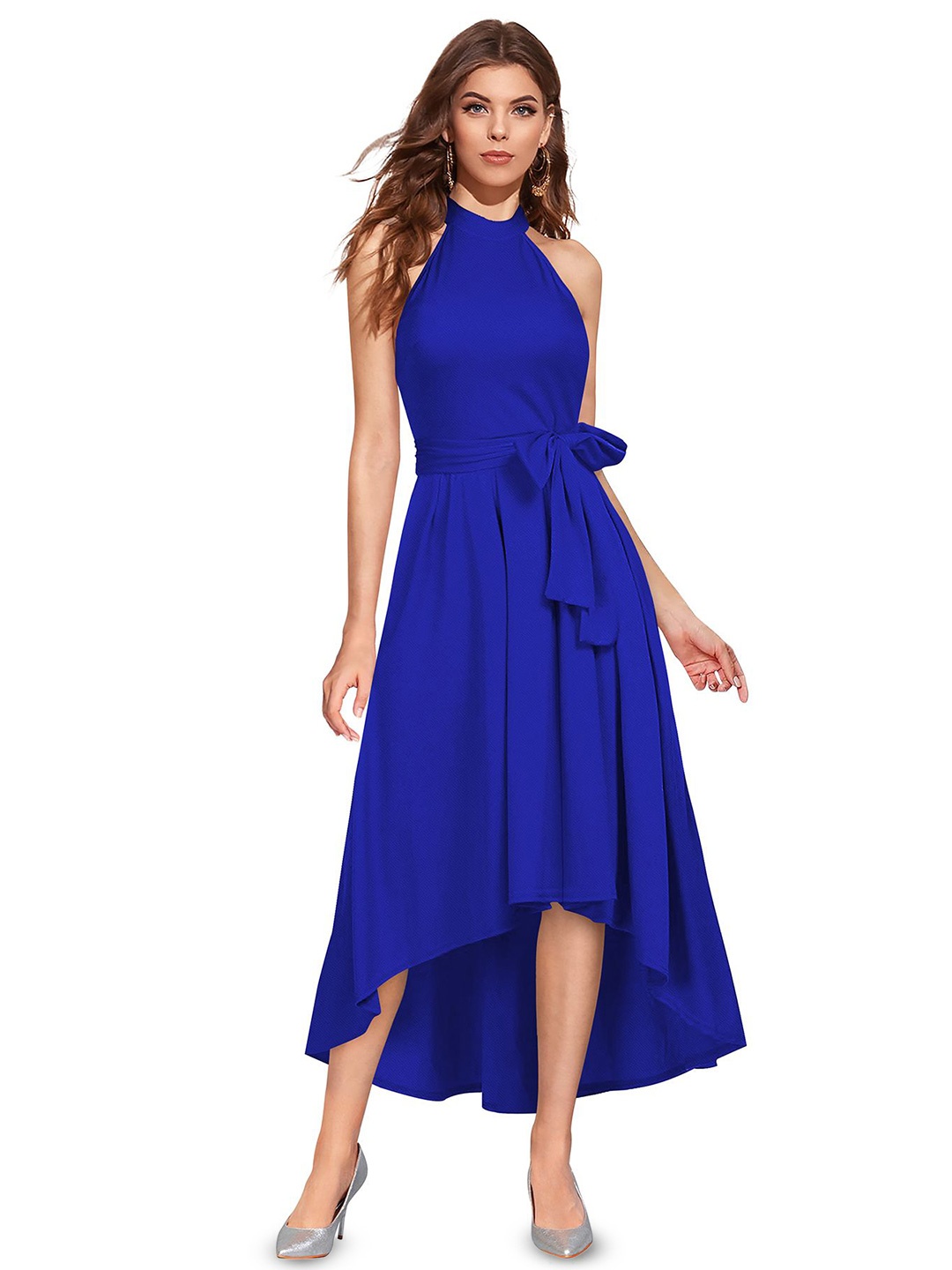

SHOPONBIT Women Fit & Flare Solid High-Low Midi Dress, Navy blue