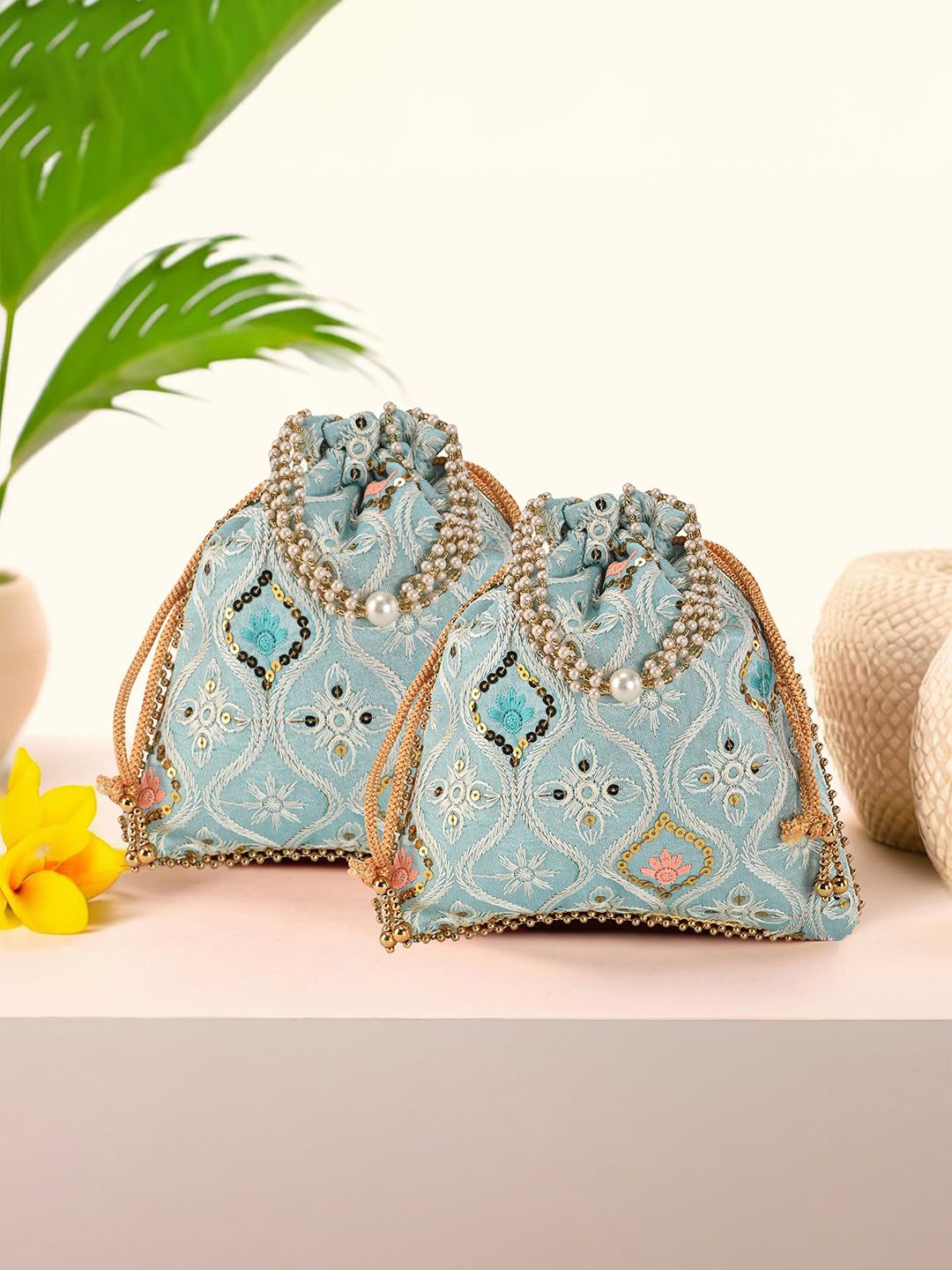

Kuber Industries Unisex Set Of 2 Embroidered Potli Clutches With Pearl Handles, Blue