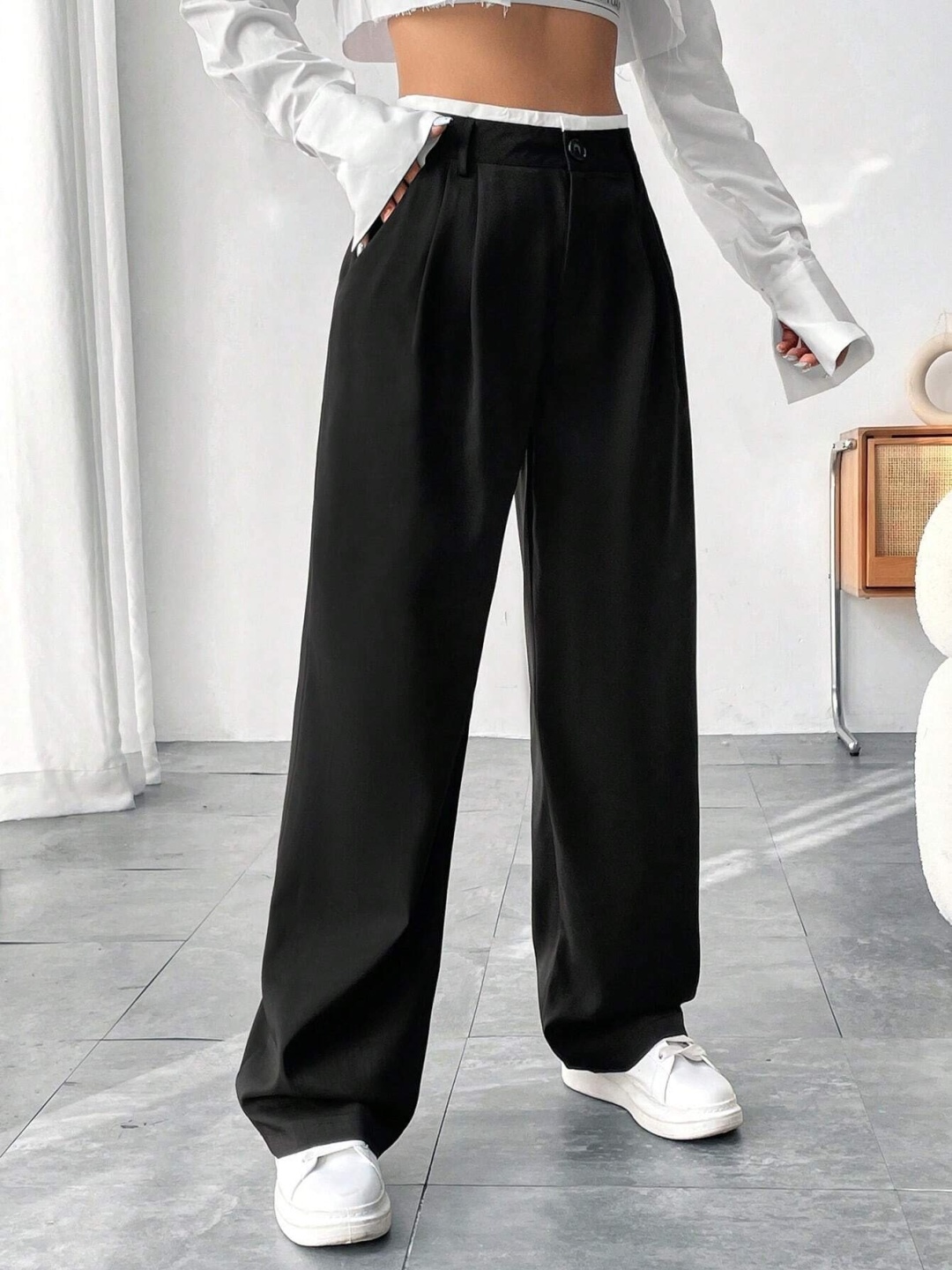 

FNOCKS Women Classic High-Rise Loose Fit Pleated Organic Cotton Wide Leg, Black