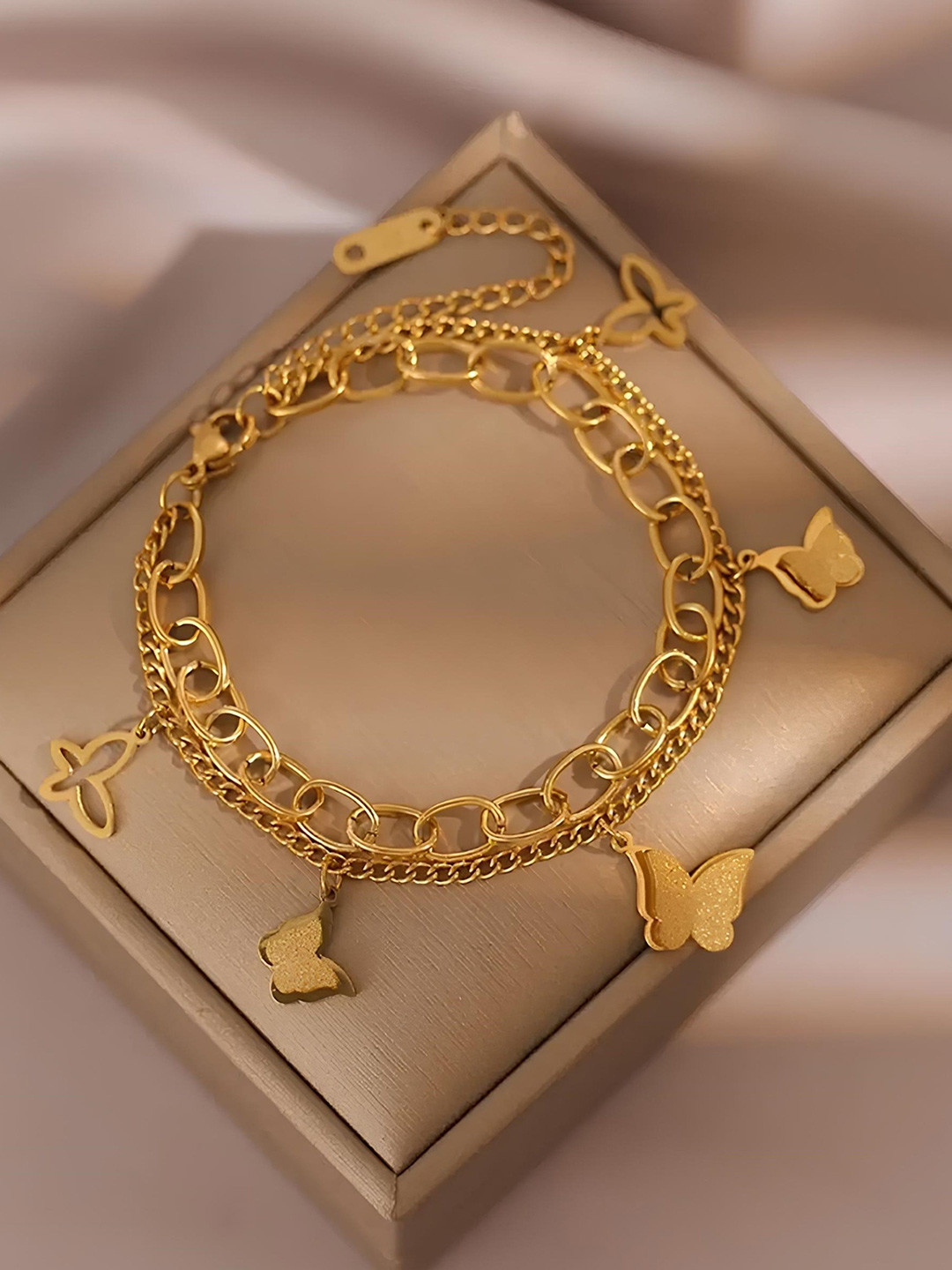 

KARISHMA KREATIONS Stainless Steel Gold-Plated Butterfly Charm Anti-Tarnish Bracelet