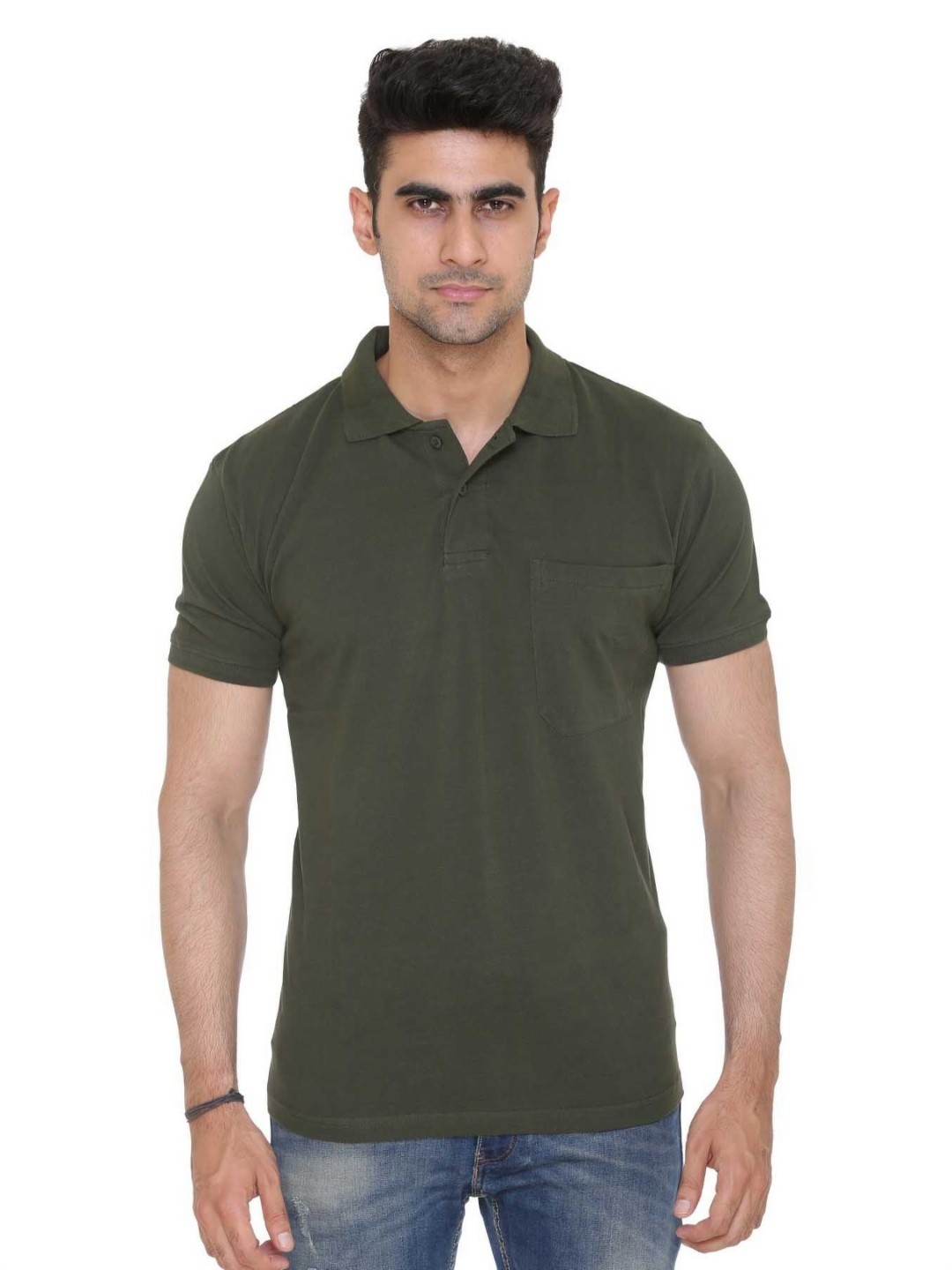 

Colors and Blends Men Solid Polo Collar Cotton T-shirt, Olive