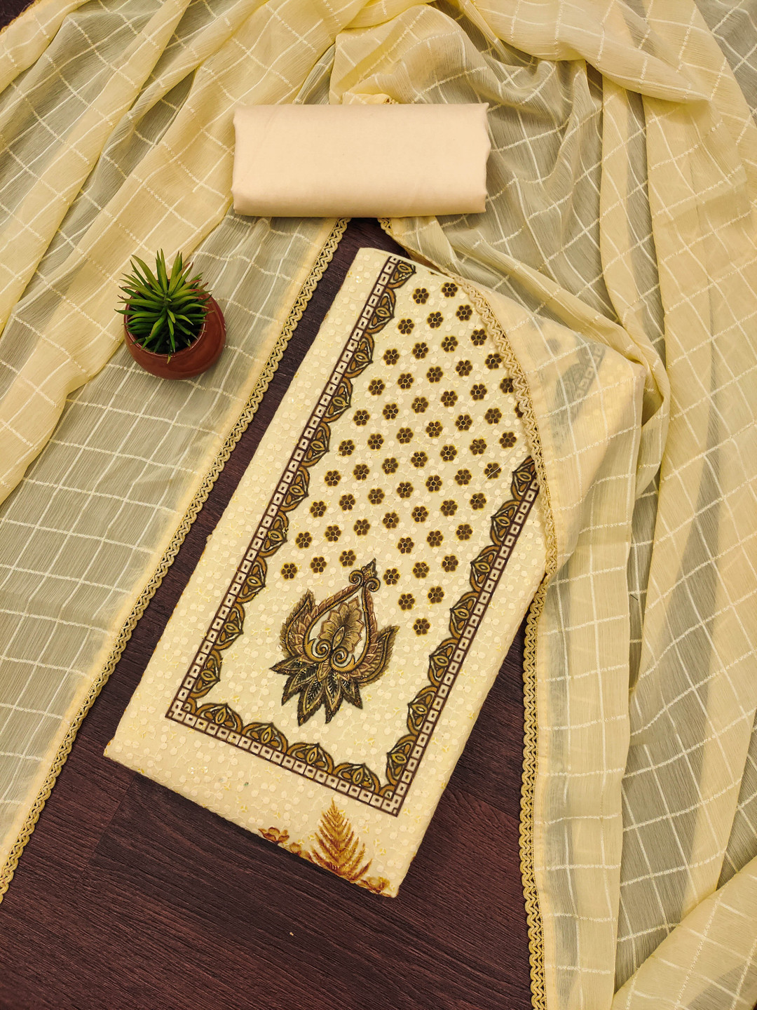 

HERE&NOW Floral Printed Unstitched Dress Material, Cream