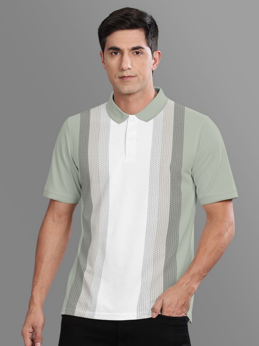 

BULLMER Men Striped Polo Collar Cotton T-shirt, Green