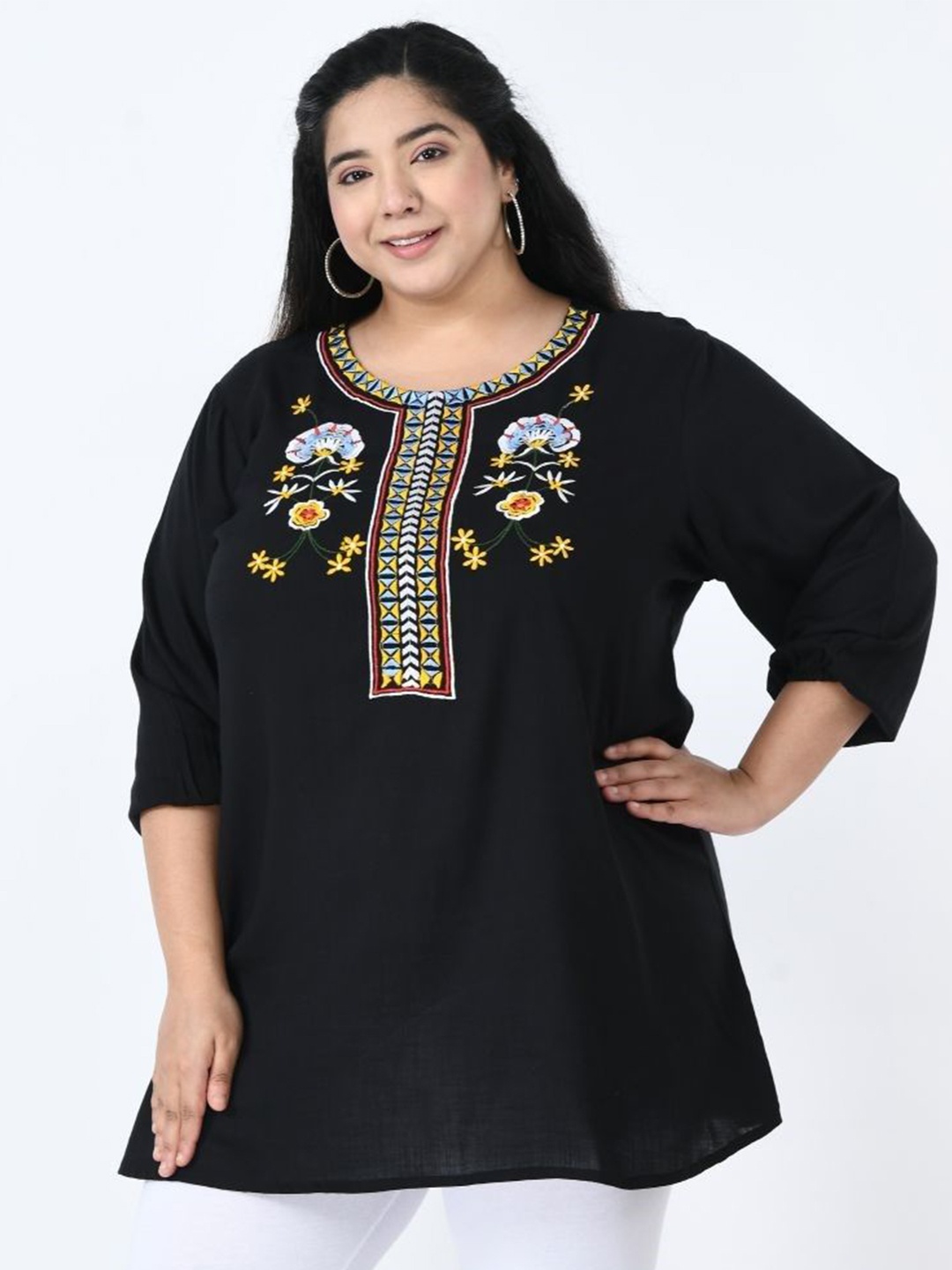 

VAAMII Women Floral Embroidered Plus Size A-Line Top, Black