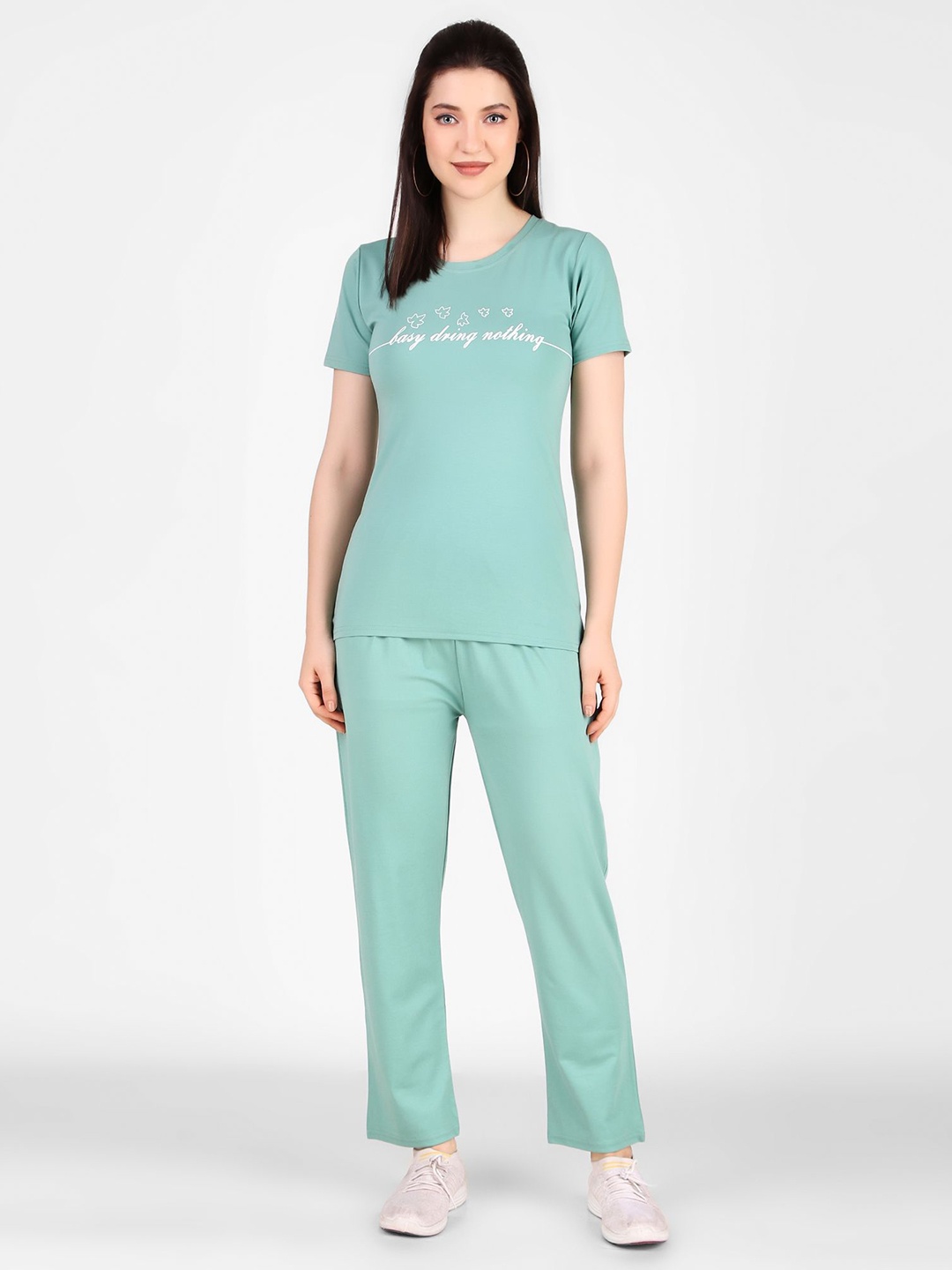 

FNOCKS Printed Round Neck Pure Cotton T-shirt With Pyjama, Green
